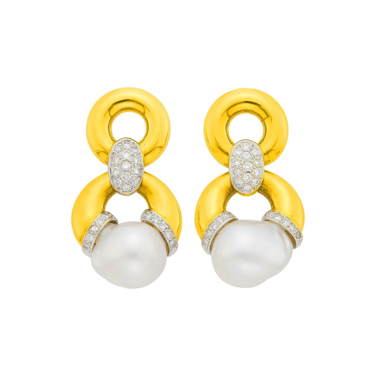 Pair of Two-Color Gold, Baroque South Sea Cultured Pearl and Diamond Pendant-Earclips: 18 kt. yellow and white gold, 2 baroque pearls ap. 16.6 x 13.4 and 14.2 x 13.4 mm., 46 round diamonds ap. .85 ct., ap. 18.4 dwts. gross. Pearls: slightly silvery white with rose and green orient, typi