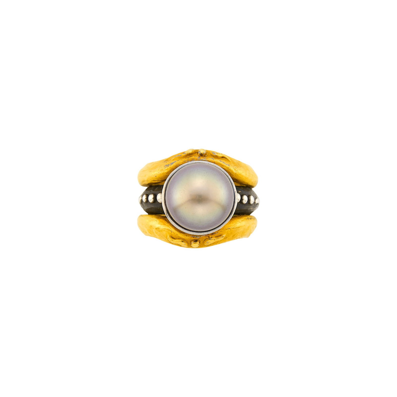 Denise Roberge High Karat Gold, Oxidized Silver and Tahitian Gray Cultured Pearl Three Row Band Ring (1 of 2)