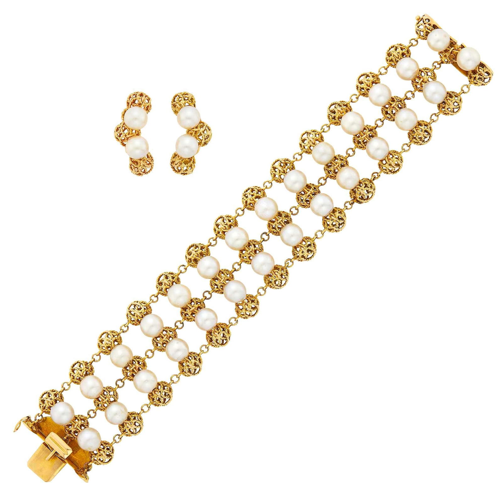 Gold and Cultured Pearl Bracelet and Pair of Earclips (1 of 2)