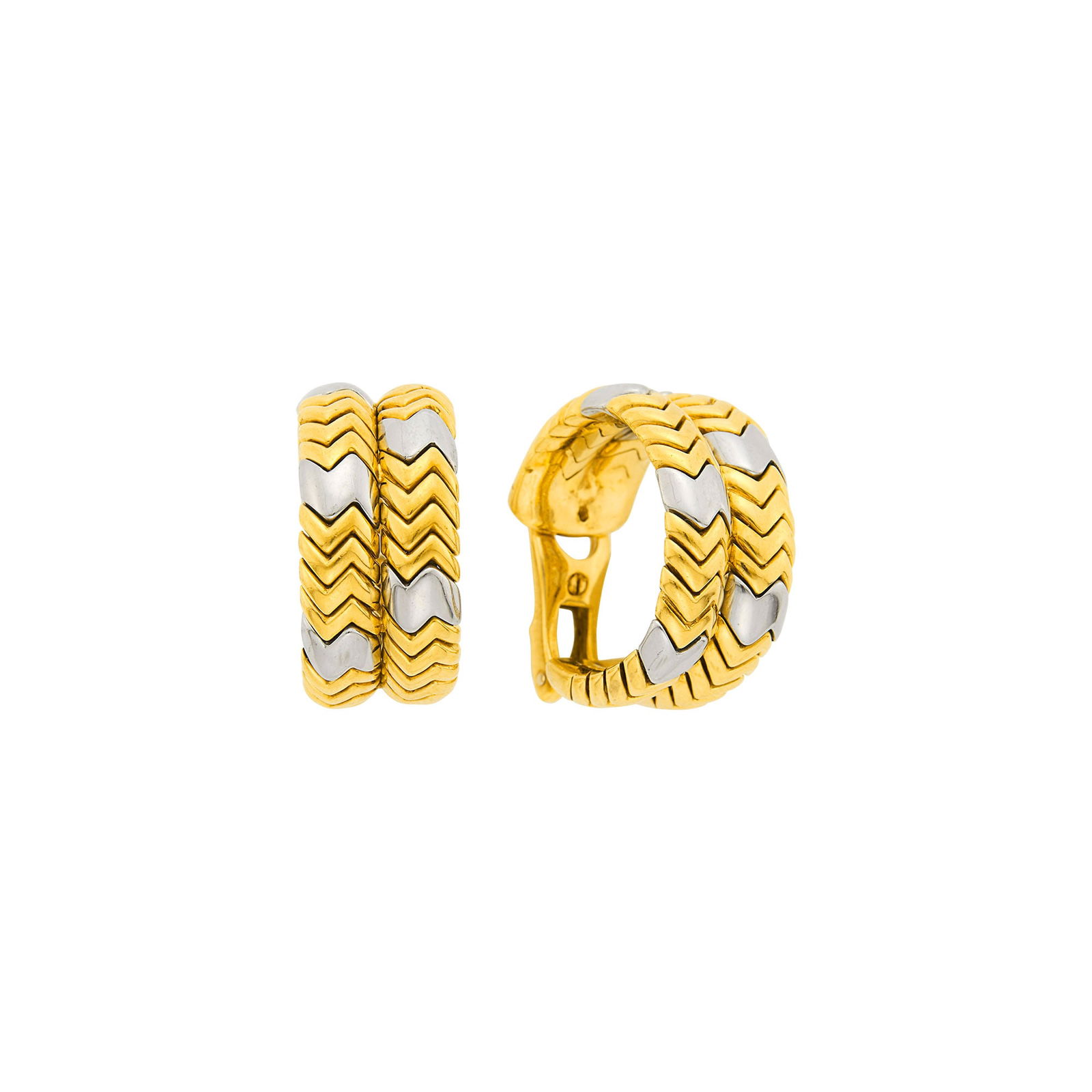Bulgari Pair of Gold and Stainless Steel 'Spiga' Hoop Earclips: 18 kt., signed Bulgari, Made in Italy, with Italian assay marks, ap. 20.3 dwts. Clip-backs. Diameters 7/8 inch. Widths 7/16 inch.