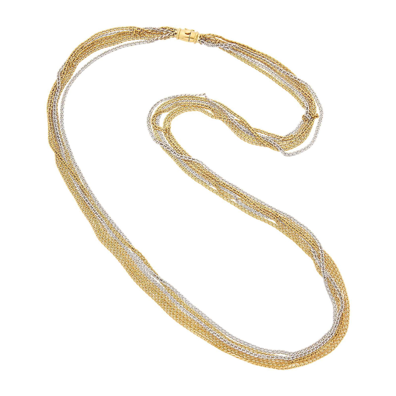 Gucci Long Six Strand Two-Color Gold Chain Necklace: 18 kt. yellow and white gold, signed Gucci, with maker's mark DJG, ap. 104 dwts. Length 35 1/4 inches. Width of chains ap. 3/8 inch.
