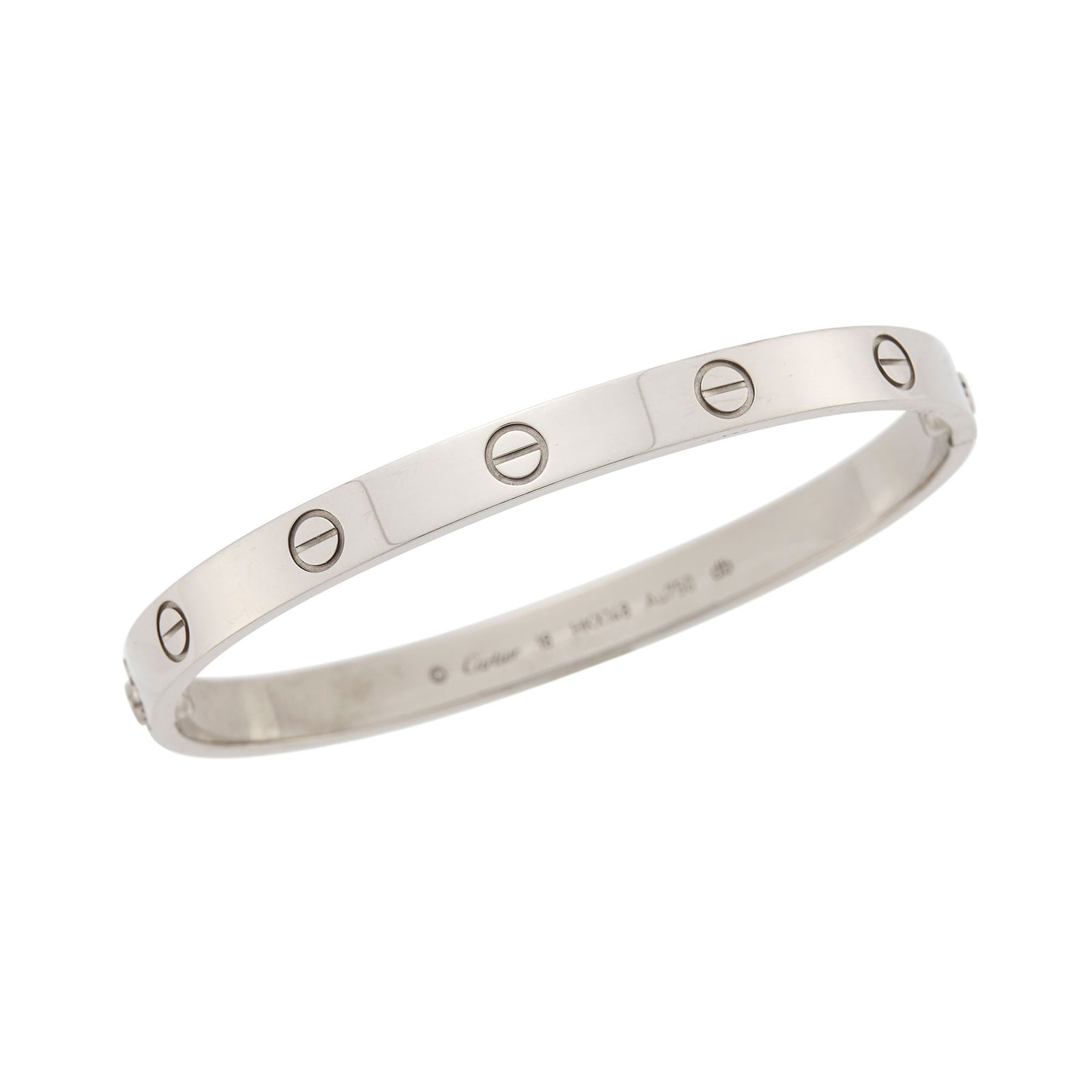 Cartier White Gold 'Love' Bangle Bracelet: 18 kt., signed Cartier, no. HKX148, with maker's mark db, ap. 22.7 dwts. Inner cir. 6 7/8 inches (18) . With signed box, paperwork and screwdriver. Width 1/4 inch.