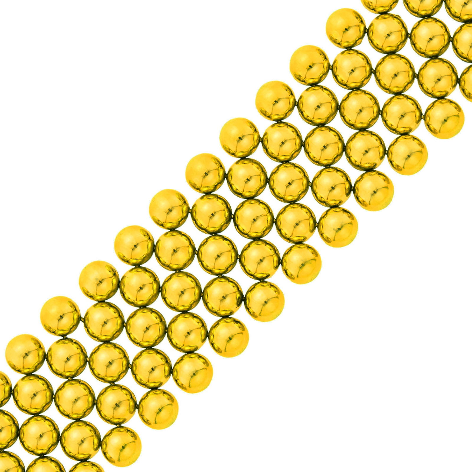 Wide Gold Bracelet: Five rows, round semi-domed links, ap. 35.4 dwts. Length 7 1/2 inches. Tests as 14 kt. gold. Bright yellow gold color. Width 1 1/4 inches.