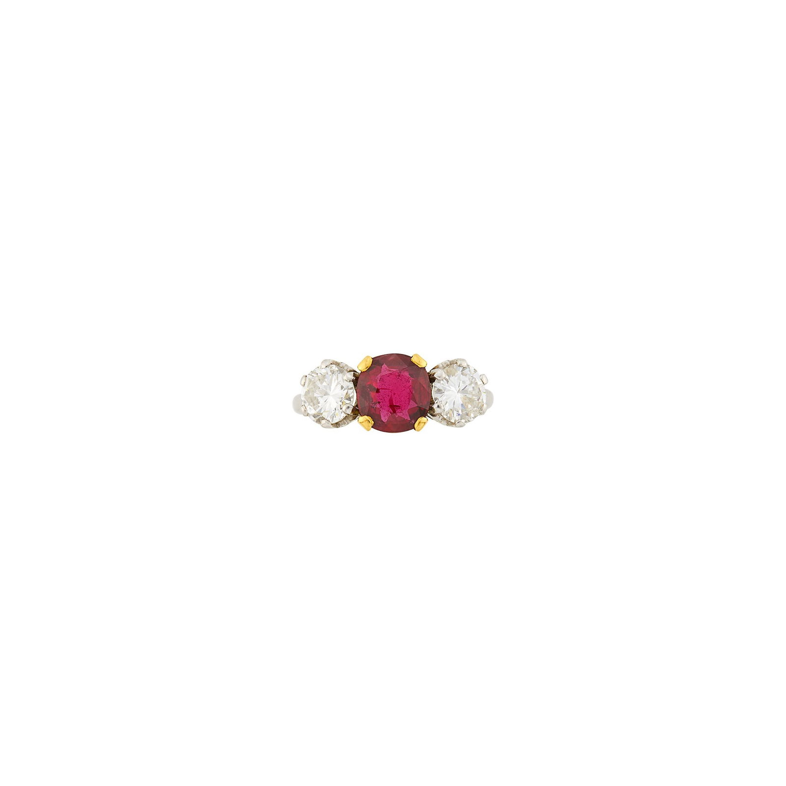 Platinum, Gold, Ruby and Diamond ring: 18 ct., one cushion-shaped mixed cut ruby weighing 2.09 cts., 2 round diamonds ap. 1.50 cts. Size 6 1/2. With AGL report no. 1152723 stating Thailand origin, with gemological evidence of heat enhancem