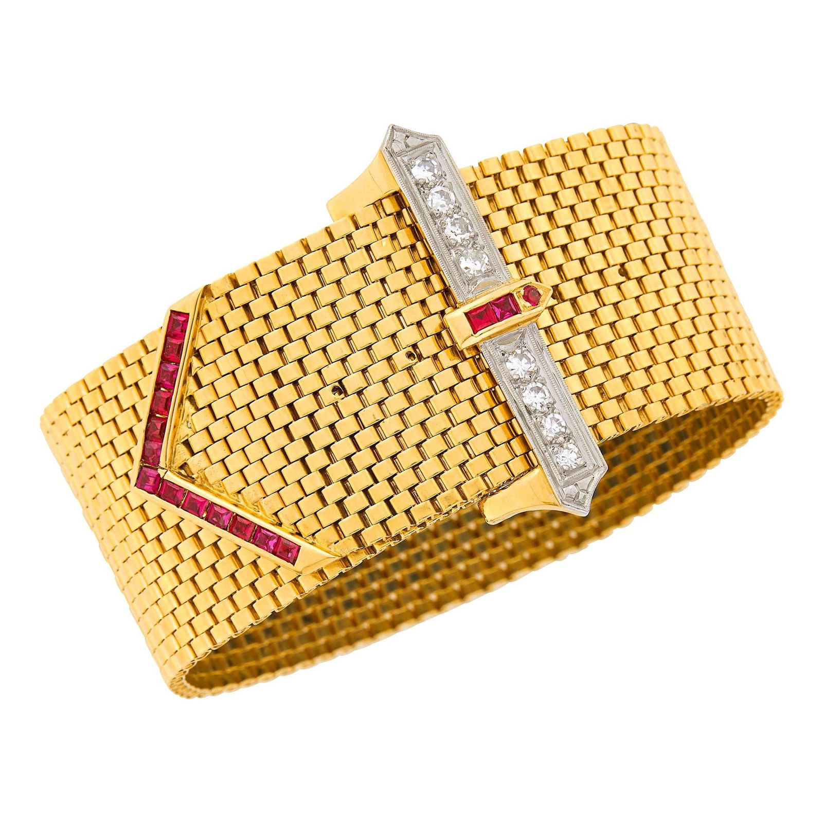 Wide Gold, Platinum, Diamond and Synthetic Ruby Buckle Slide Bracelet (1 of 3)
