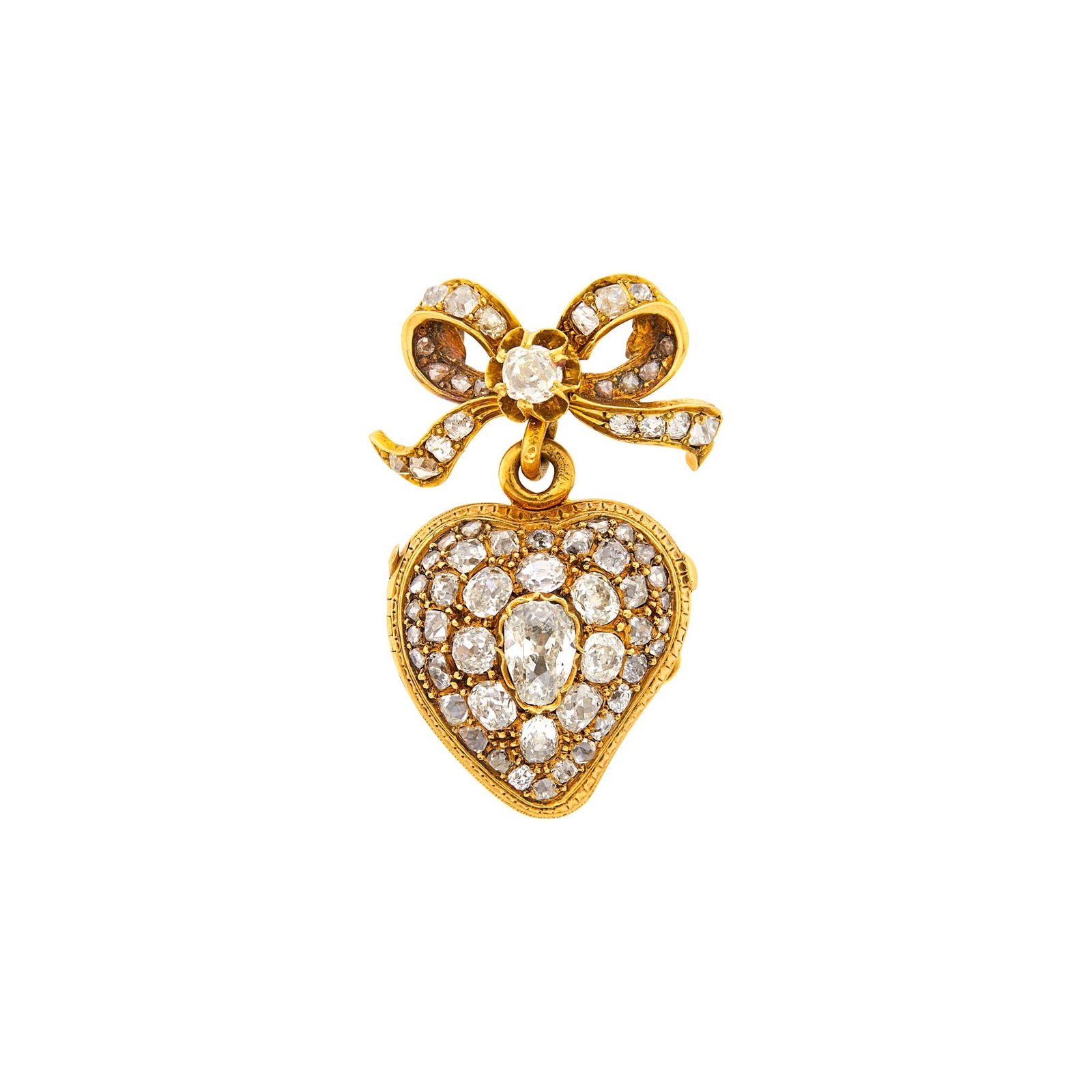 Antique Gold and Diamond Heart Locket Pin, France: 18 kt., one old-mine pear-shaped diamond ap. .50 ct., 43 cushion-shaped and old-mine cut diamonds ap. 2.40 cts., small rose-cut diamonds, interior with glazed compartment, bail with French assay mark,