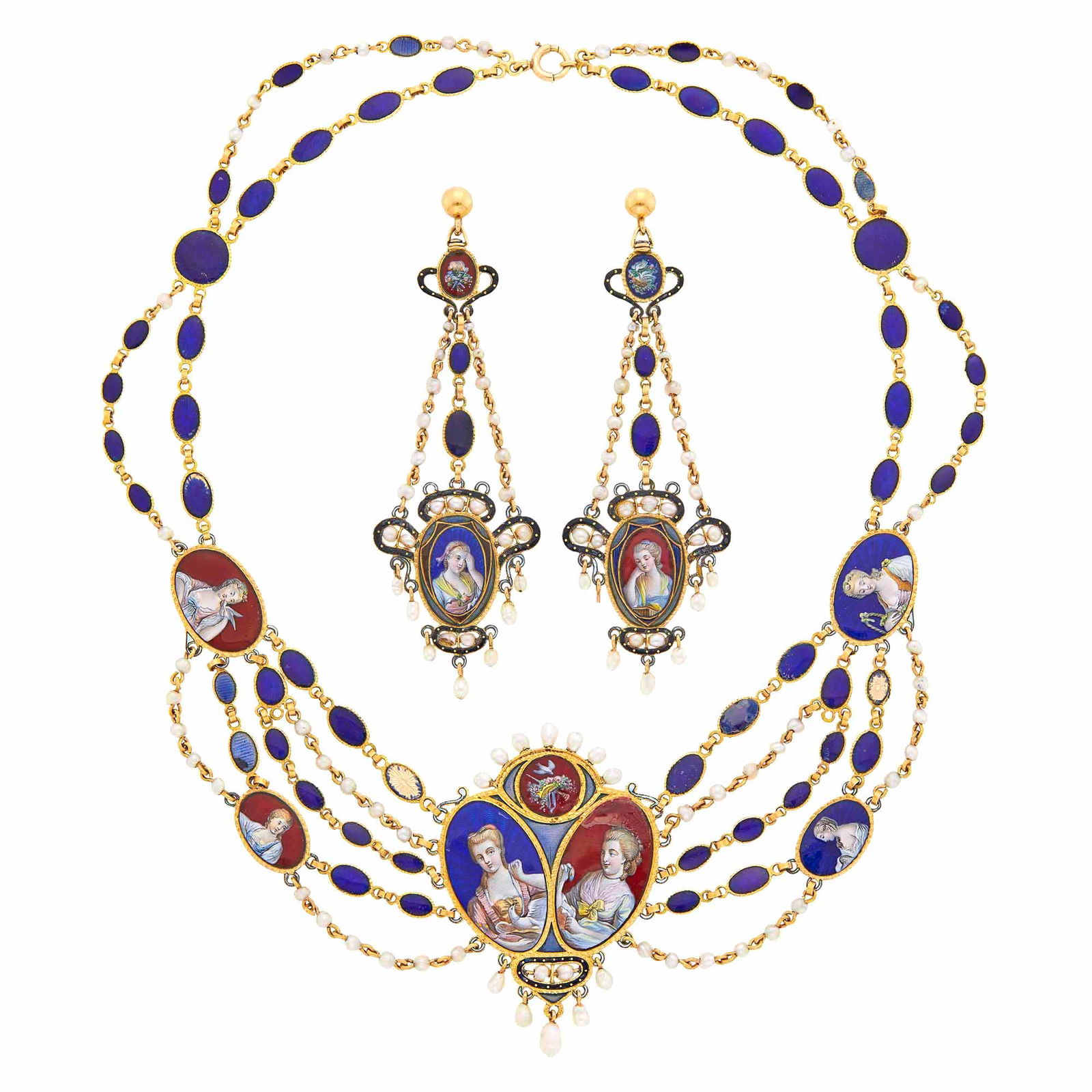Antique Reversible Gold, Painted and Blue Enamel and Seed Pearl Swag Necklace and Pair of: 14 kt., five-strand swag, eight double-sided portrait miniatures and putti on clouds, seed pearls, screw-backs added later, ap. 28 dwts. gross. Length 15 1/4 inches. Nicely painted, in overall good co