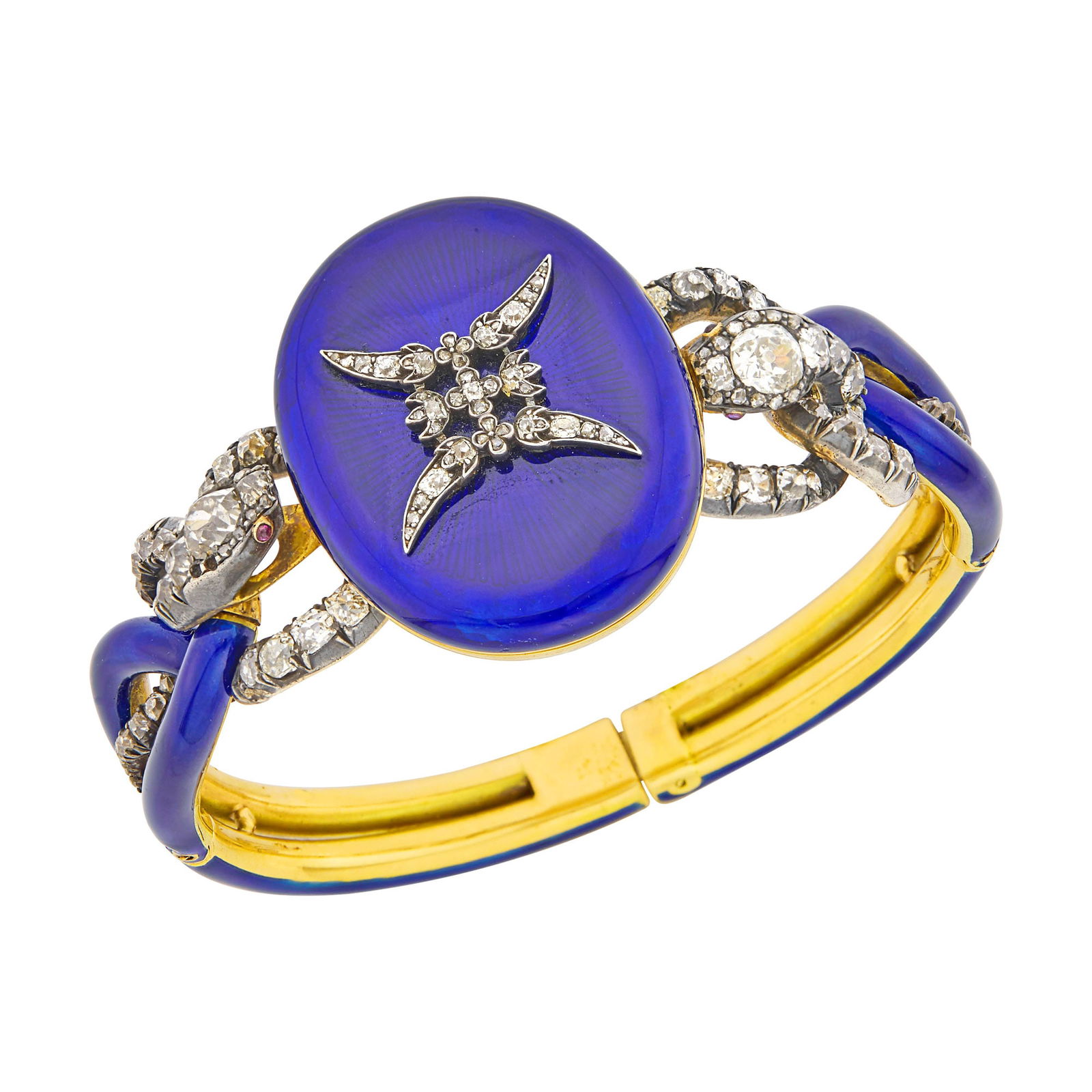 Antique Gold, Silver, Blue Enamel and Diamond Serpent Bangle Bracelet (1 of 1)