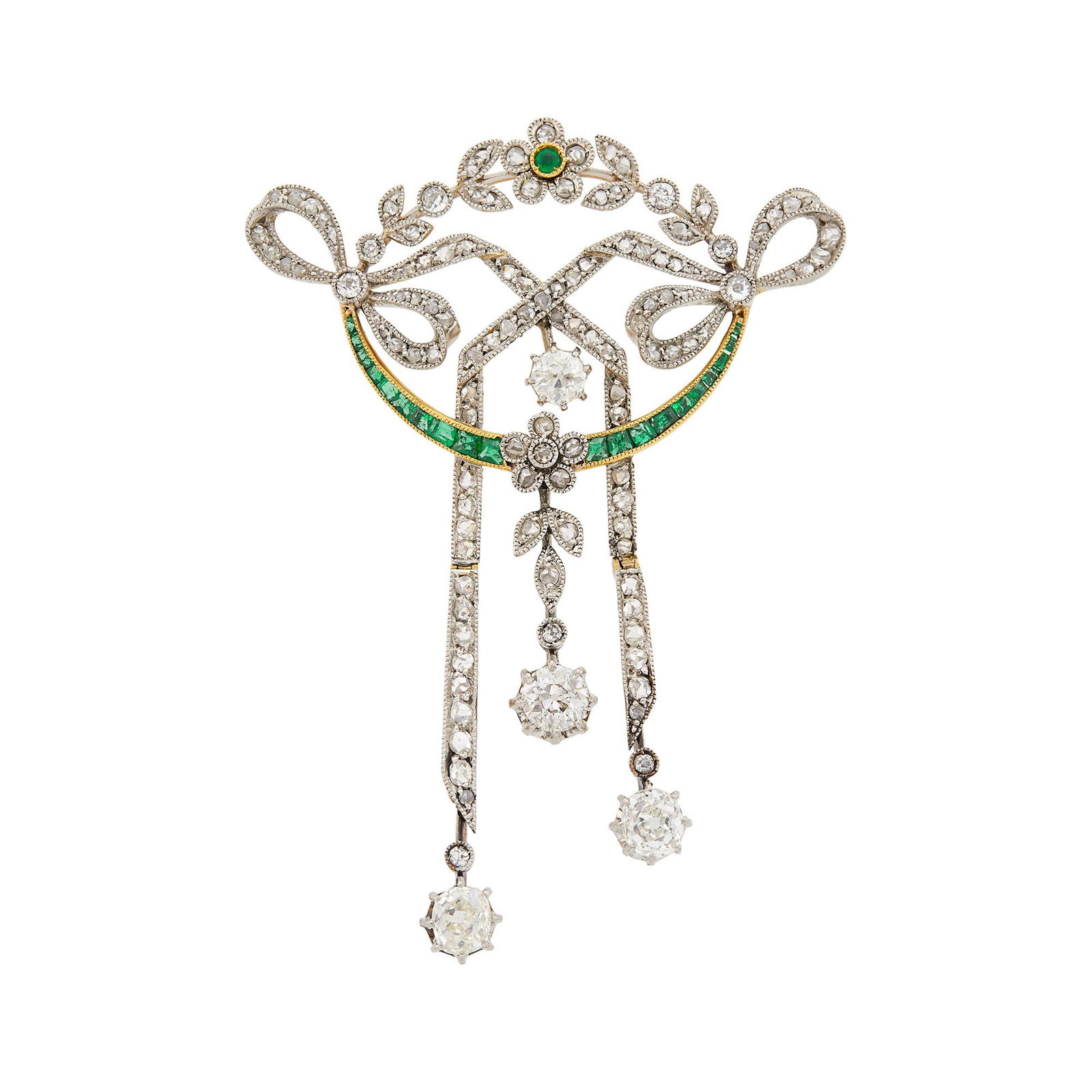 Belle Epoque Platinum, Gold, Diamond and Emerald Garland Brooch (1 of 1)