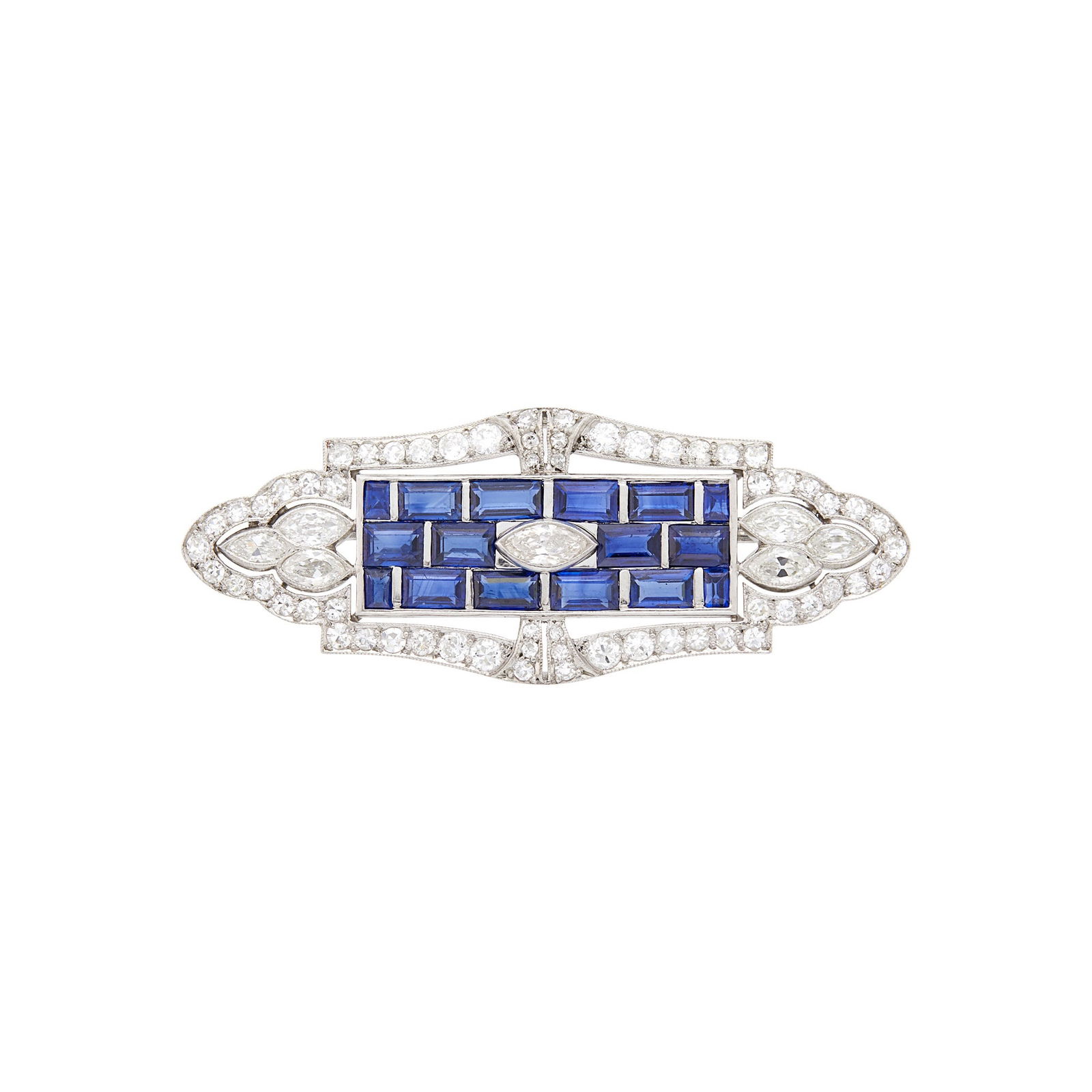 Platinum, Sapphire and Diamond Brooch: 15 rectangular-cut sapphires ap. 3.35 cts., 62 old European and single-cut and 7 marquise-shaped diamonds ap. 2.00 cts., c. 1925, ap. 6.2 dwts. Sapphires: medium deep blue, slightly included, lively.