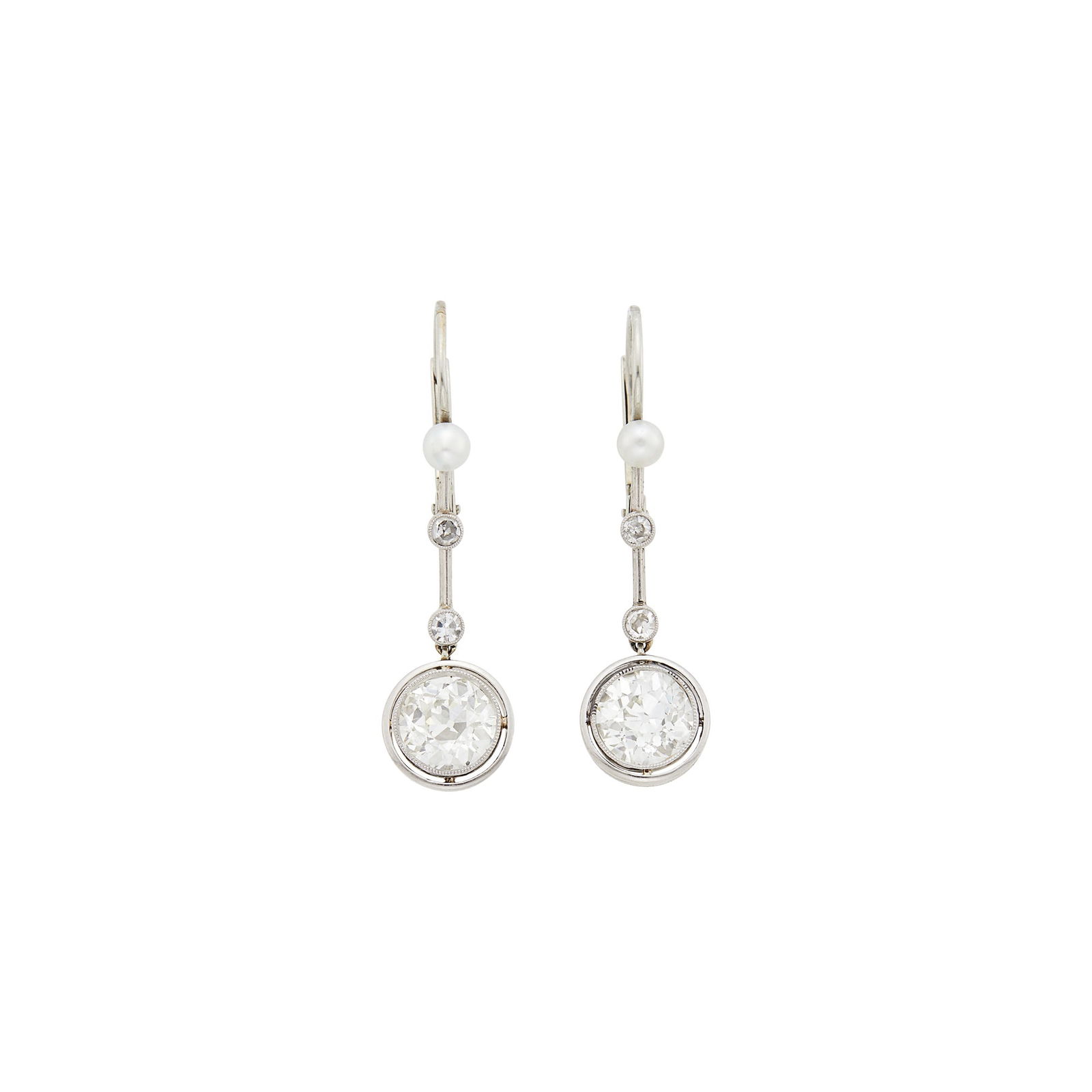Pair of Platinum, Diamond and Button Pearl Pendant-Earrings: 2 old European-cut diamonds ap. 2.10 cts., 4 small single-cut diamonds, 2 small button pearls, ap. 2.7 dwts. Diamonds: J-K-VS, no fluorescence. Hooks and French-backs. Lengths 1 1/4 inches.