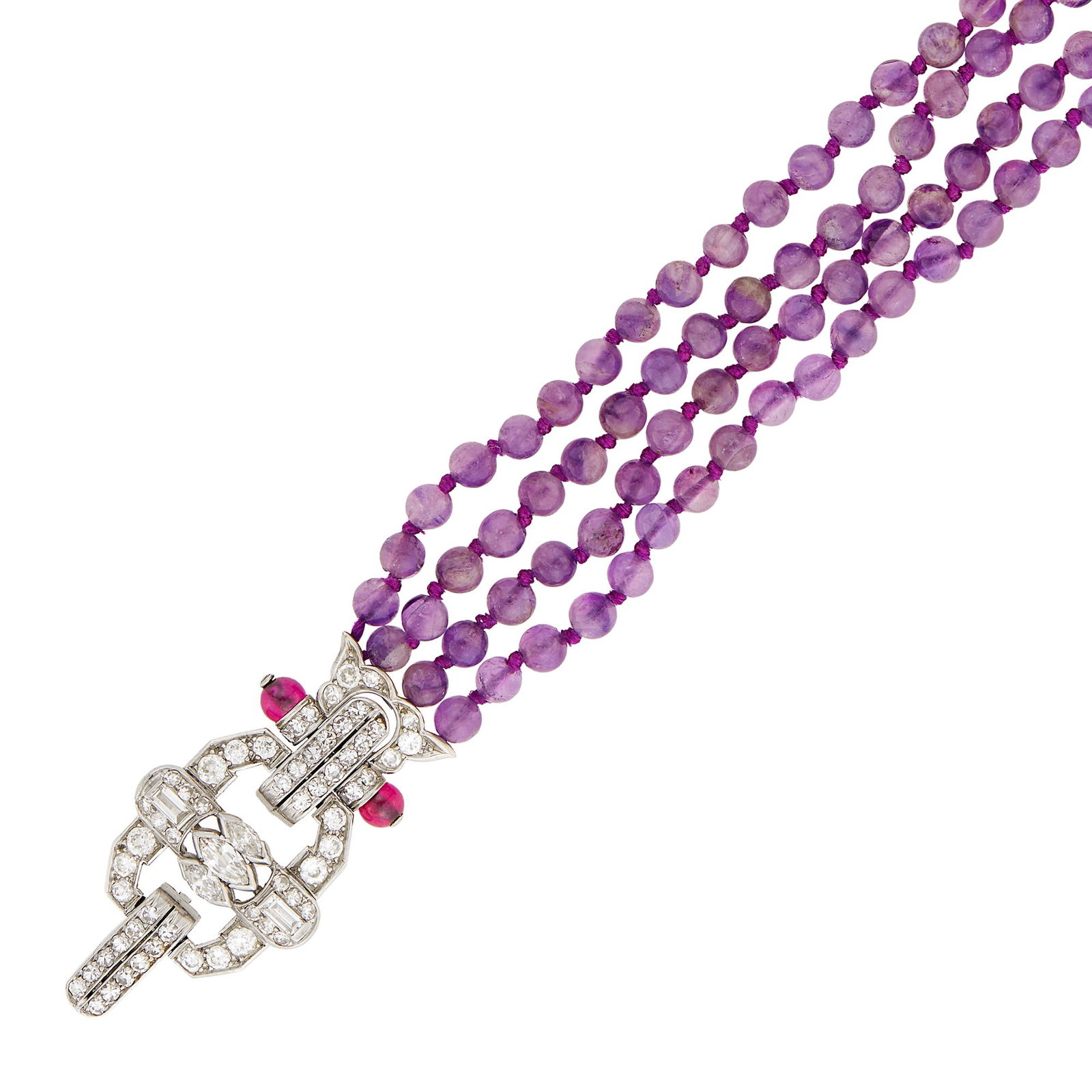 Four Strand Amethyst Bead Bracelet with Platinum, Diamond and Ruby Bead Clasp (1 of 2)