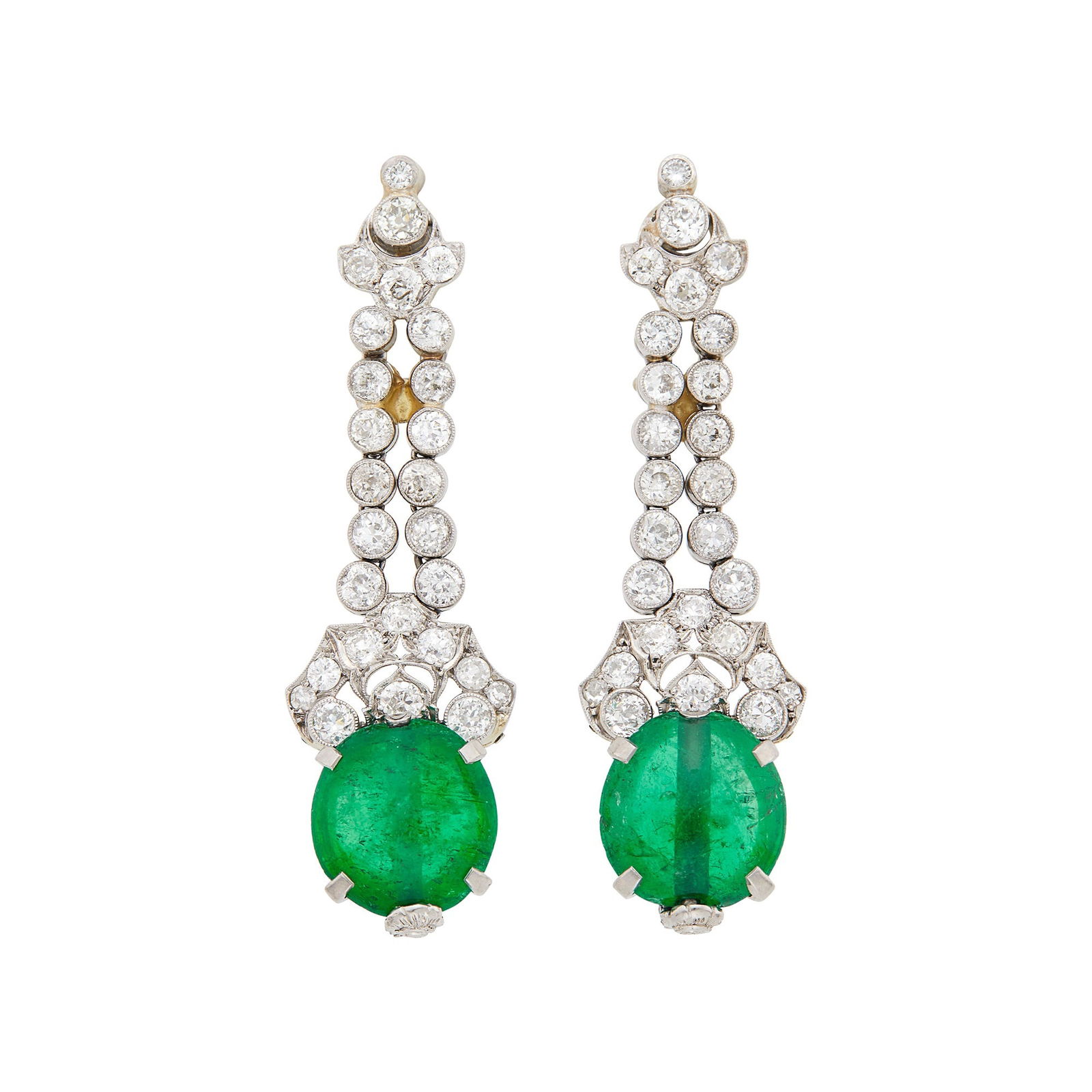 Pair of Platinum, Diamond and Cabochon Emerald Bead Pendant-Earclips (1 of 1)