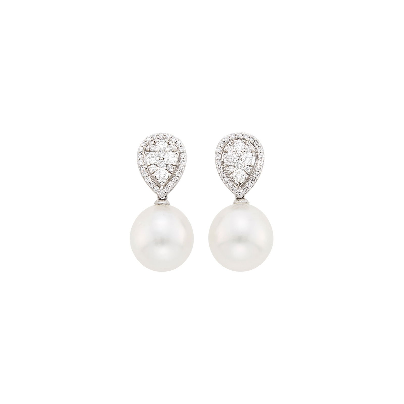 Pair of White Gold, Diamond and South Sea Cultured Pearl Pendant-Earrings: 18 kt., 68 round diamonds ap. .80 ct., 2 pearls ap. 12.0 to 12.2 mm. Diamonds: H-I-VS. Pearls: white with rose and green orient, several small dimples, minor ripples, good luster. Posts. Lengths 1 inc