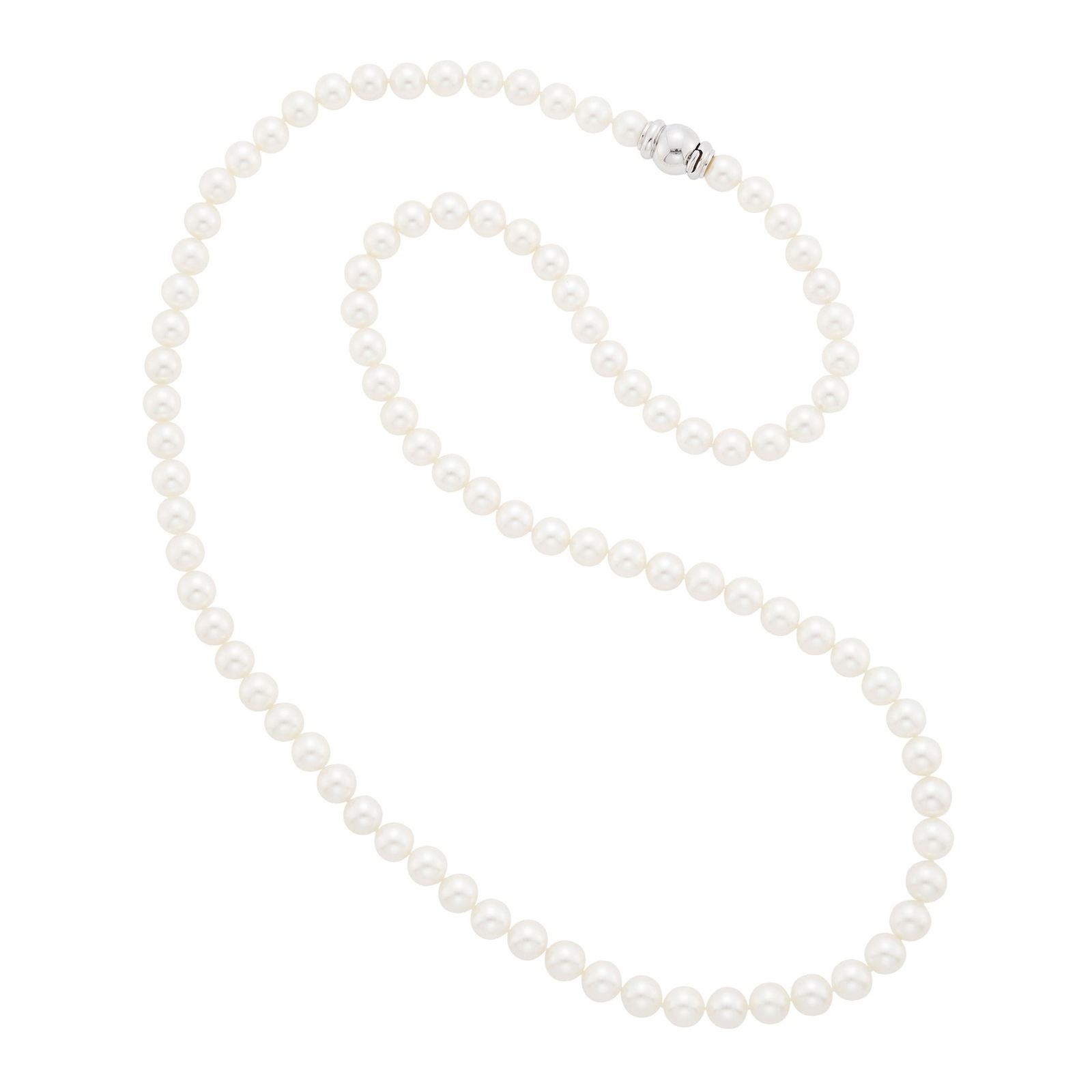 Mikimoto Long Cultured Pearl Necklace with White Gold Clasp: 18 kt., 93 pearls ap. 8.6 mm., polished ball clasp, signed M NY. Length 33 inches. Pearls: whitish with rose and green orient, cleanish, good nacre, very good luster. Clasp width 1/2 inch.