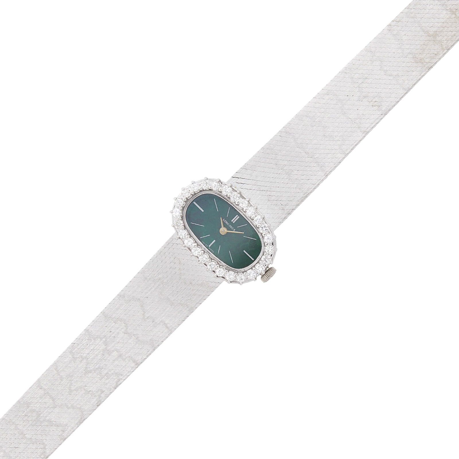 Longines White Gold, Nephrite and Diamond Wristwatch: 18 kt., mechanical, oval nephrite dial, silver-tone bar markers, 26 round diamonds ap. .85 ct., logo crown, case dia. ap. 18 x 26 mm., articulated woven mesh bracelet with fold-over clasp, dial, movem