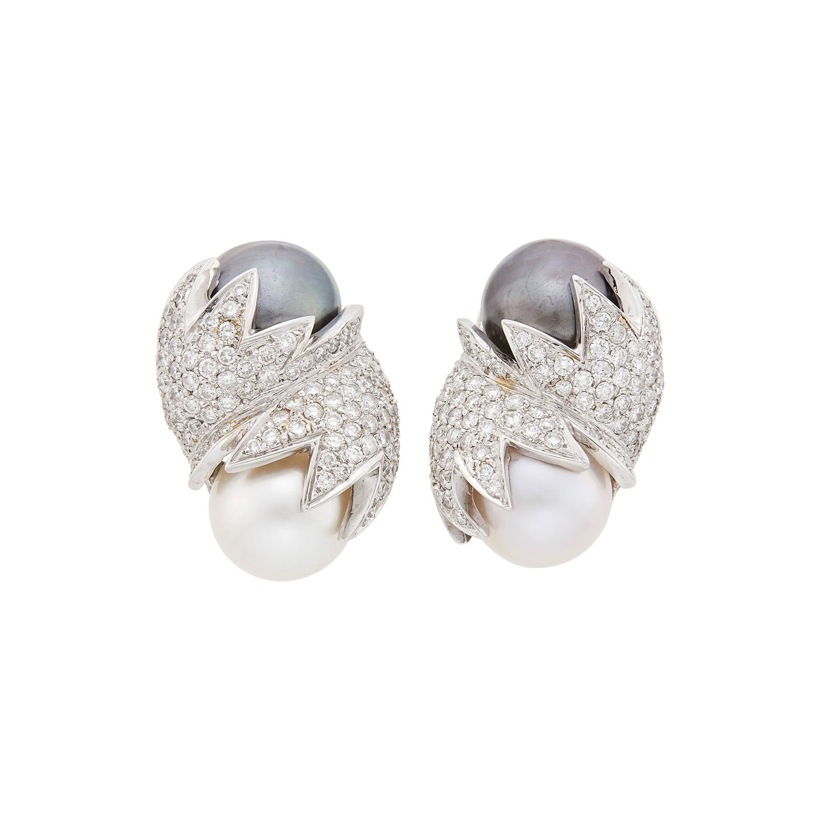 Pair of White Gold, White and Gray Mabé Pearl and Diamond Earclips: 18 kt., 4 white and gray mabé pearls ap. 13.8 to 13.4 mm., 170 round diamonds ap. 3.65 cts., ap. 22.6 dwts. Mabé pearls: whitish to slightly creamy with rose and green orient, medium deep gr