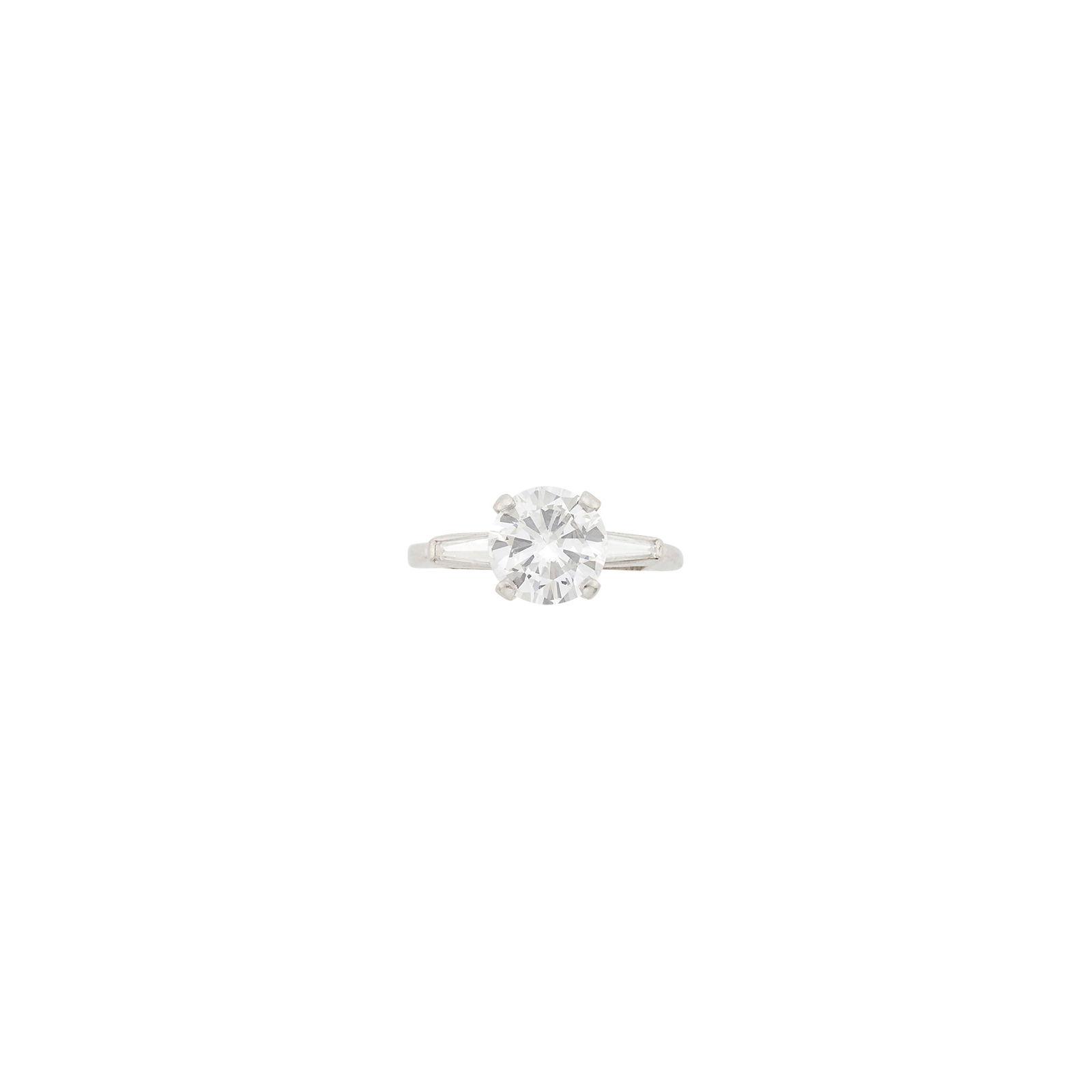 Platinum and Diamond Ring: One round diamond weighing 1.98 cts., 2 tapered baguette diamonds weighing .35 ct., no. 4431, weights inscribed. Size 6 1/2. Center diamond: I-J-VS, medium fluorescence, slightly out-of-round, tiny op