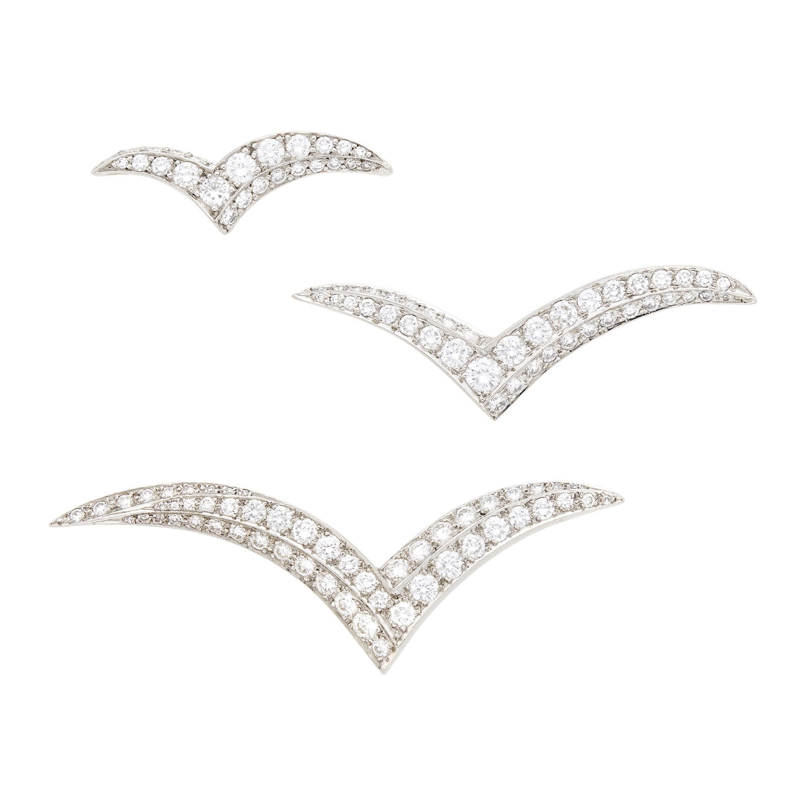 Tiffany & Co. Three Platinum and Diamond 'Seagull' Pins: 99 round diamonds ap. 3.30 cts., small single-cut diamonds, all signed Tiffany & Co., nos. 3754, 5725 and 3122, ap. 8 dwts. Diamonds: G-H-VS. 2 x 7/16, 1 5/8 x 5/16 and 1 1/8 x 1/4 inches.