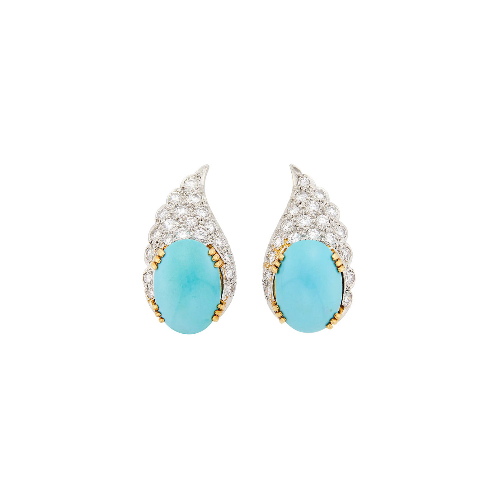 Pair of Platinum, Gold, Turquoise and Diamond Earclips (1 of 1)