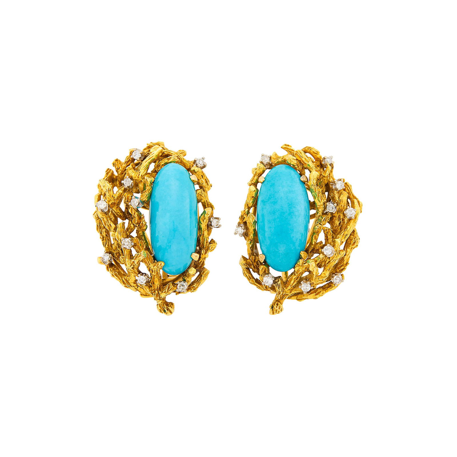 Pair of Gold, Turquoise and Diamond Earclips (1 of 1)