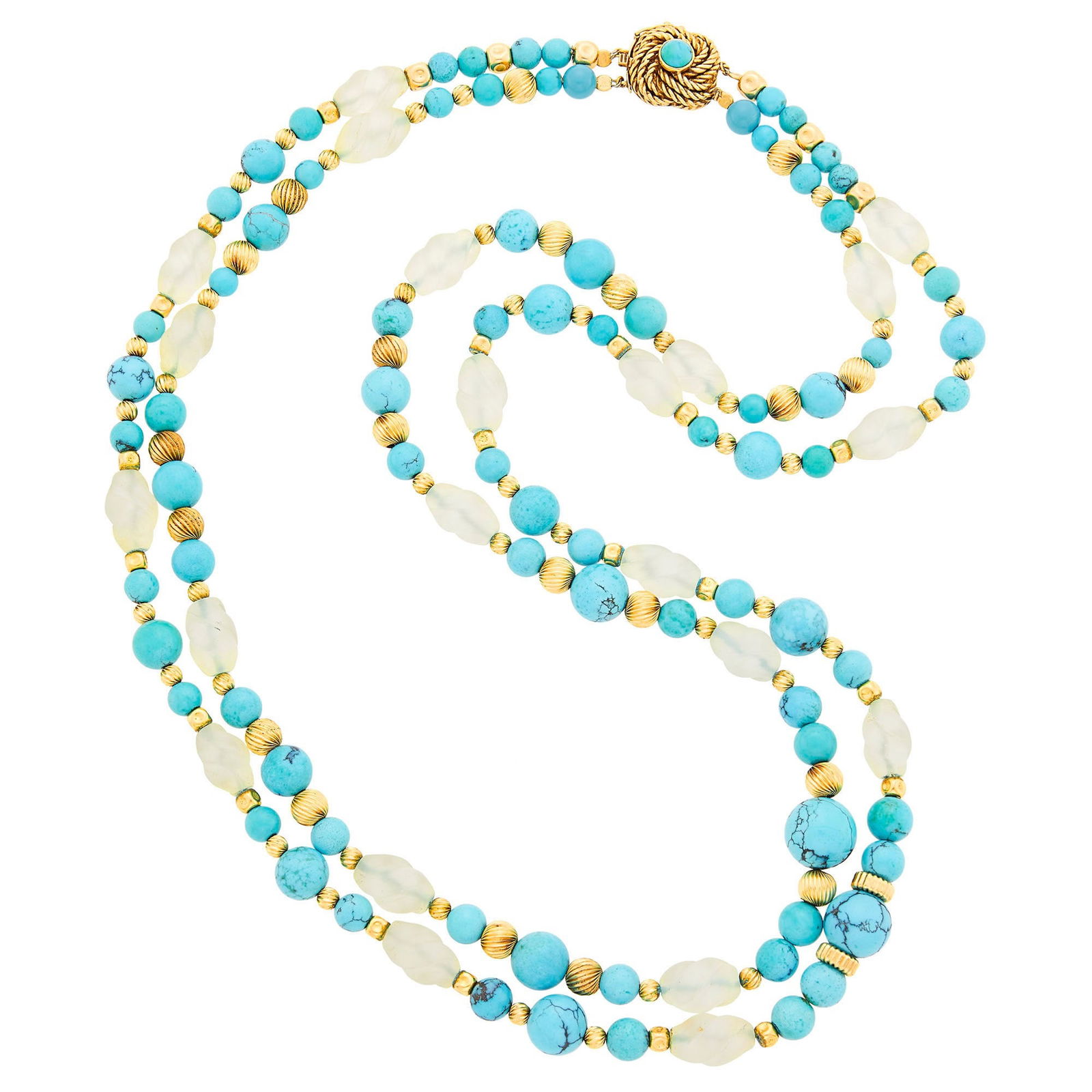 Long Double Strand Turquoise, Carved Frosted Crystal and Gold Bead Necklace (1 of 2)