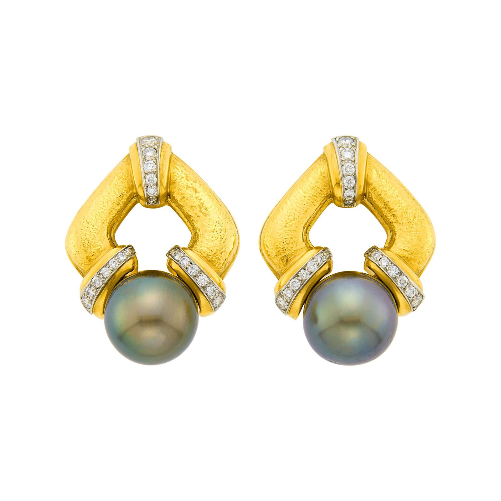 Andrew Clunn Pair of Hammered Gold, Platinum, Tahitian Gray Cultured Pearl and Diamond Earclips: 18 kt., 2 gray pearls ap. 14.2 mm., 40 round diamonds ap. 1.00 ct., signed A. Clunn, ap. 26.6 dwts. gross. Pearls: deep gray with green and rose overtones, one pearl with visible linear crease lower c