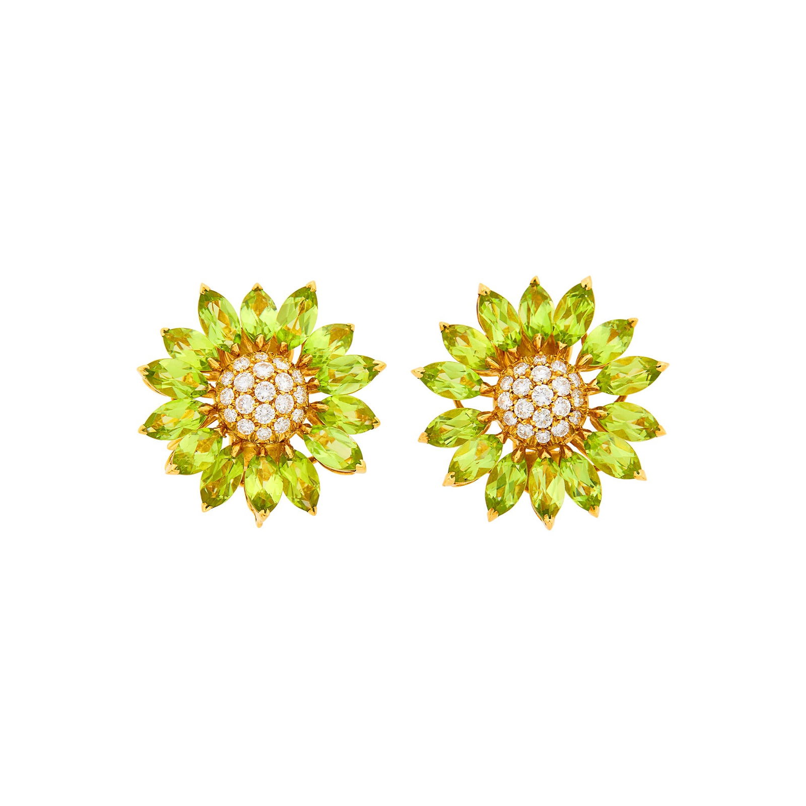 Asprey Pair of Gold, Peridot and Diamond 'Daisy Heritage' Earclips: 18 kt., 28 marquise-shaped peridots, 38 round diamonds ap. 1.40 cts., signed Asprey, with Italian assay mark, ap. 9.8 dwts. Peridots: bright medium yellowish lime green, cleanish, lively. Diamonds: G-