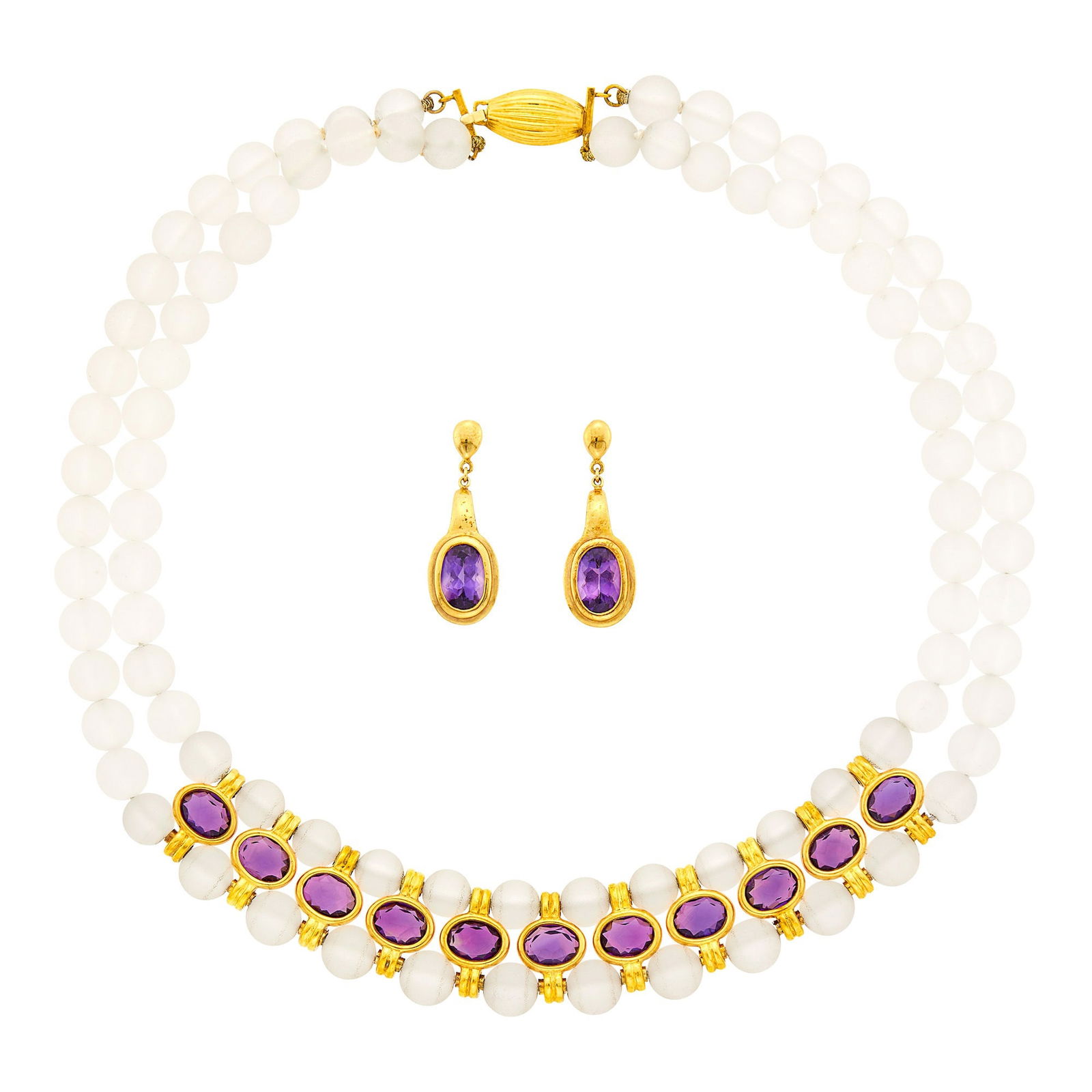 Double Strand Gold, Frosted Rock Crystal Bead and Amethyst Necklace and Pair of Pendant-Earrings (1 of 1)