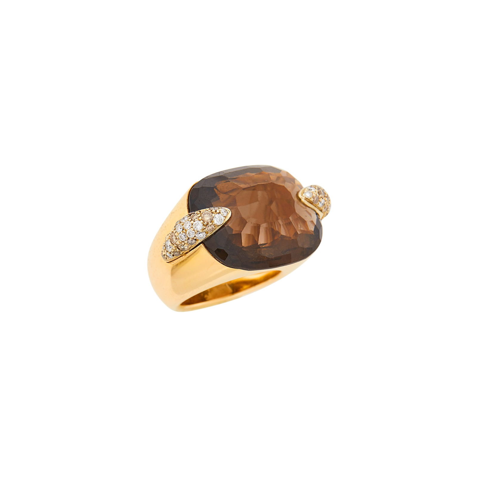 Pomellato Gold, Smoky Quartz, Diamond and Colored Diamond Ring: 18 kt., one cushion-shaped smoky quartz ap. 22.35 cts., 51 round and brown diamonds ap. 1.15 cts., signed Pomellato, with Italian assay mark, one diamond missing, ap. 10 dwts. gross. Size 6 1/2. The c