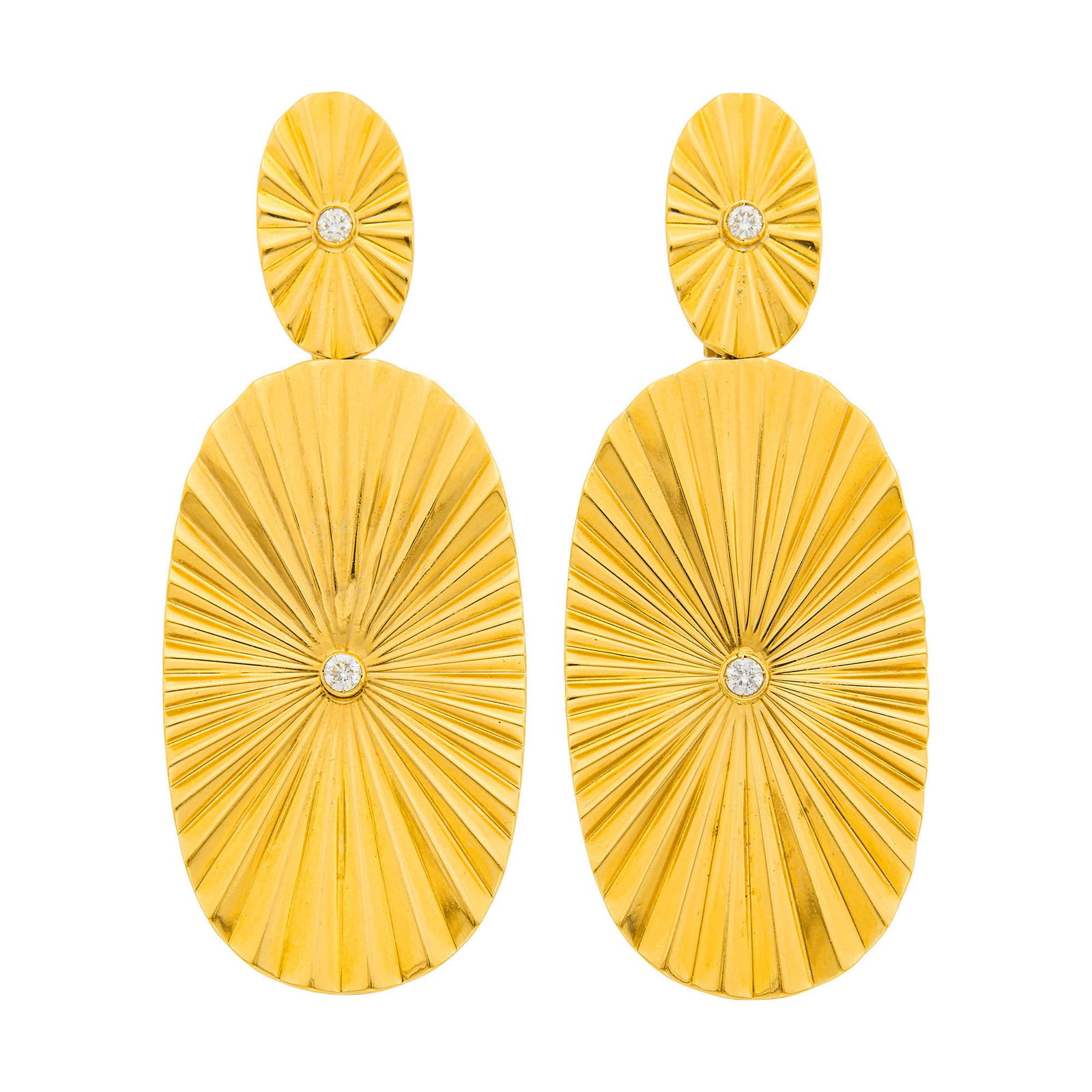 Jack Vartanian Pair of Gold and Diamond Pendant-Earrings: 18 kt., 4 round diamonds ap. .25 ct., signed JV, ap. 24 dwts. Diamonds: H-I-VS. Posts and clip-backs. 2 9/16 x 1 inches