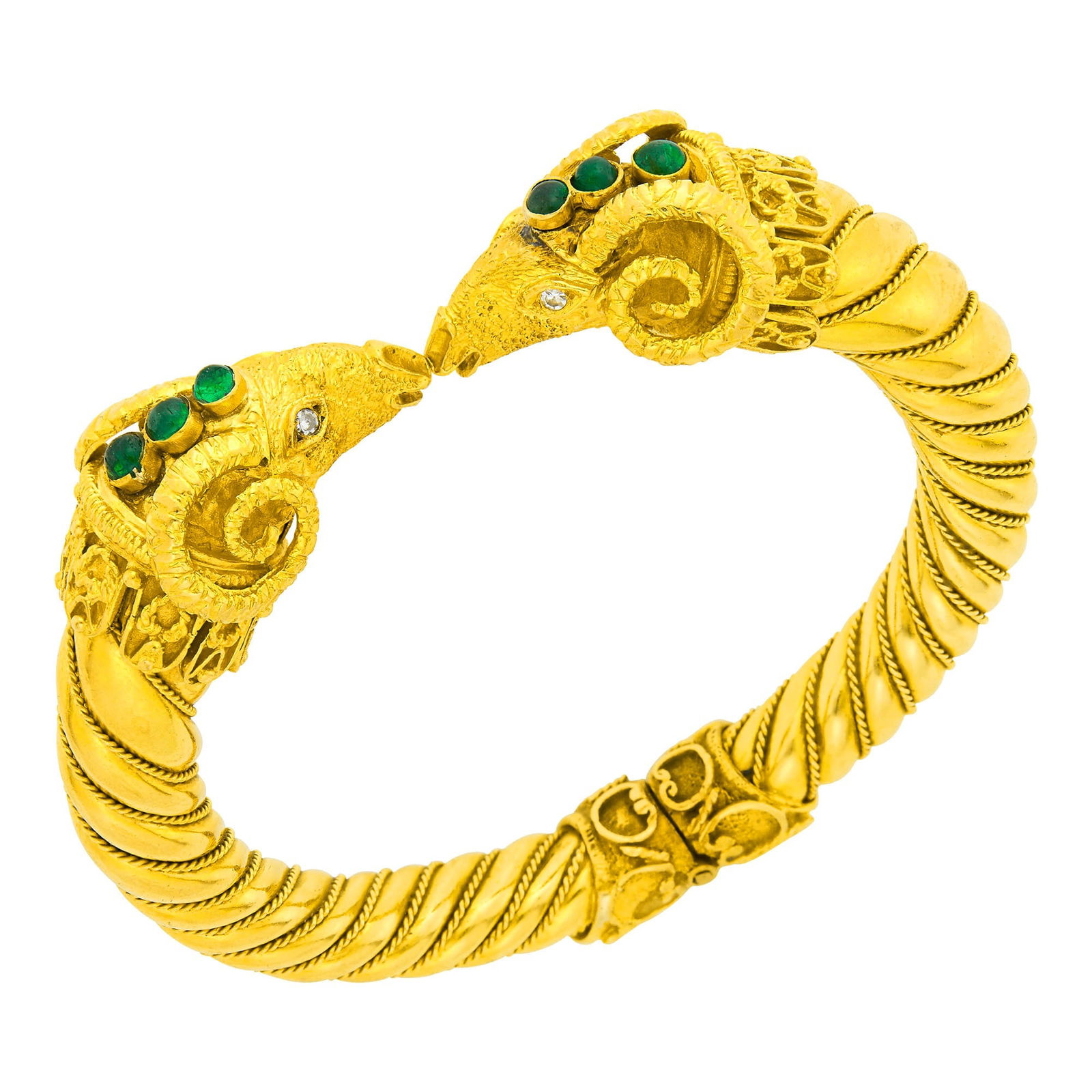 Gold and Cabochon Emerald Ram's Head Bangle Bracelet (1 of 1)