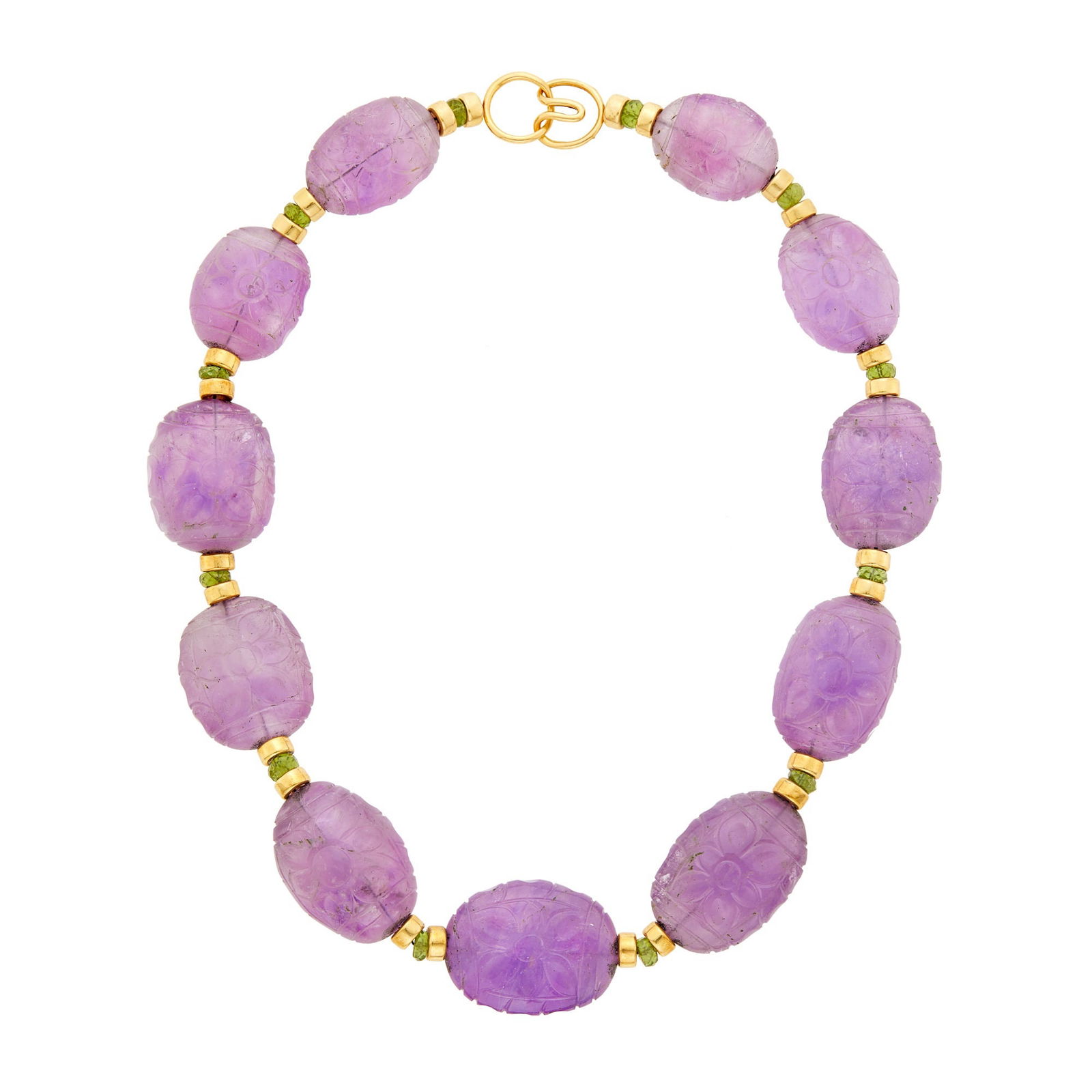 Carved Amethyst Bead, Gold and Peridot Bead Necklace (1 of 2)