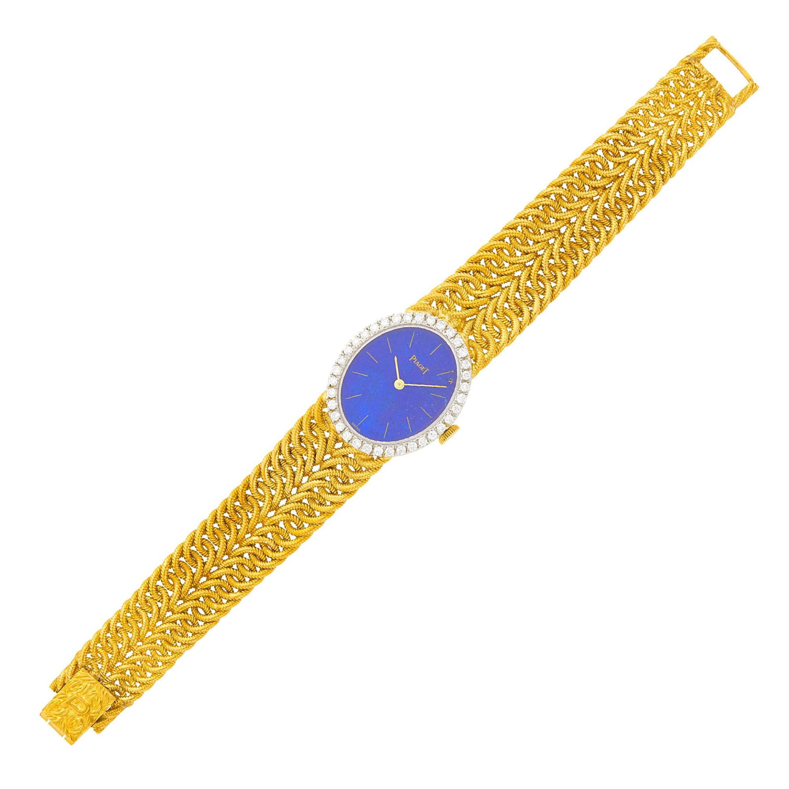 Piaget Two-Color Gold, Lapis and Diamond Mesh Wristwatch, Ref. 6826K 35: 18 kt. yellow and white gold, mechanical, oval lapis dial, gold-tone line markers, 36 round diamonds ap. .75 ct., sapphire crystal, case dia. ap. 26 x 22 mm., two row fluted interlocking link bracelet
