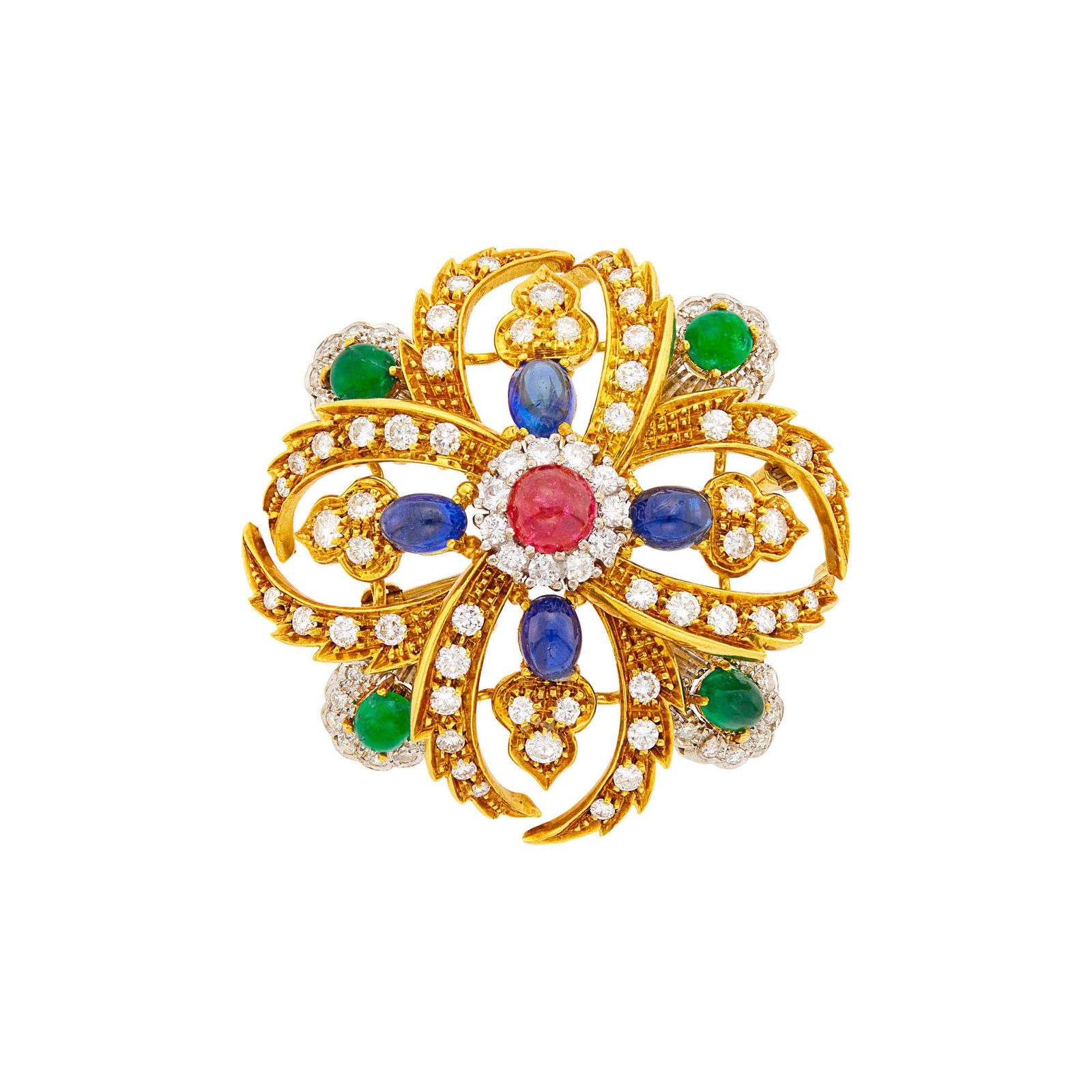 Staurino Fratelli Two-Color Gold, Cabochon Colored Stone and Diamond Flower Brooch (1 of 1)
