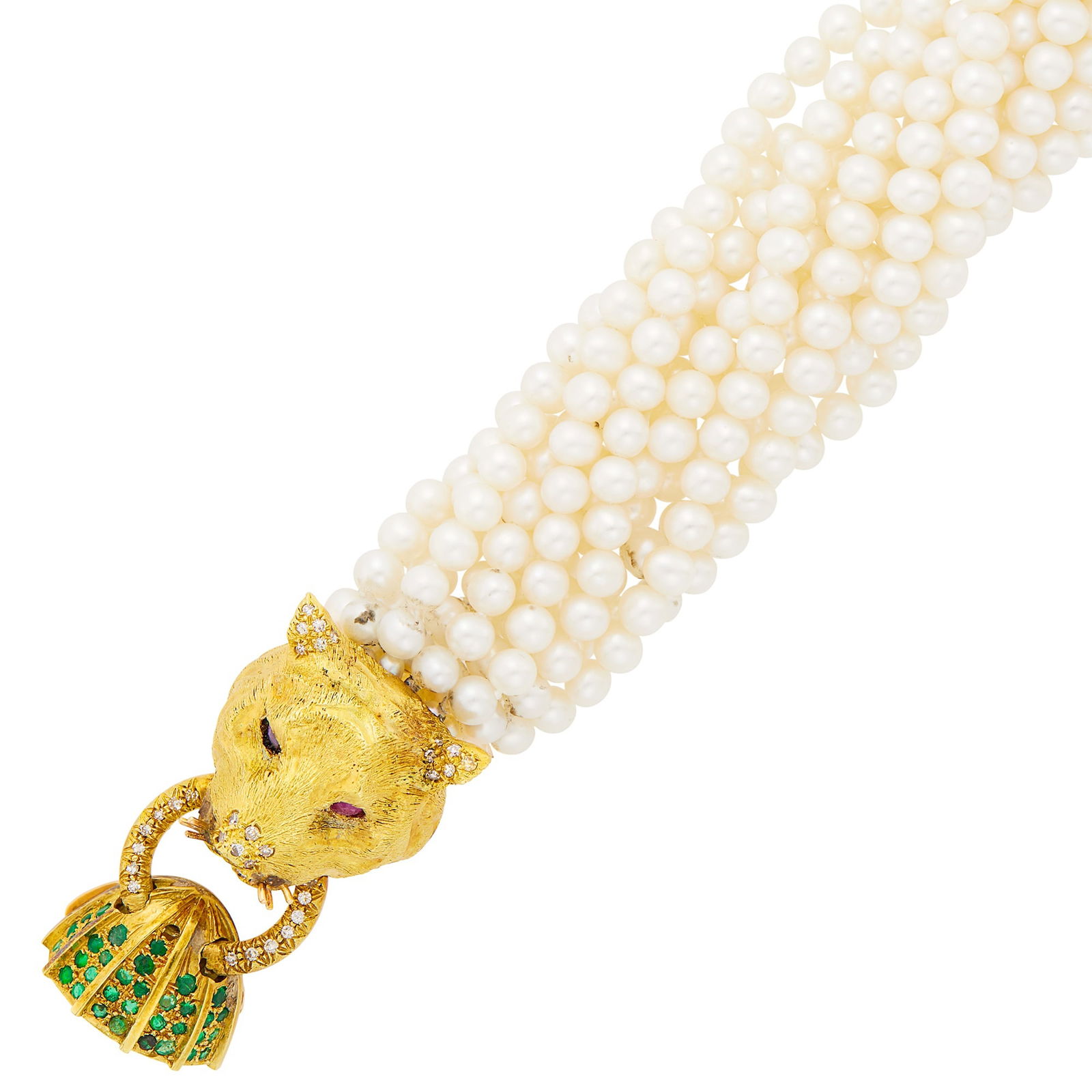 Multistrand Freshwater Pearl Torsade Bracelet with Gold, Gem-Set and Diamond Lion Head Clasp: 14 kt., twelve strands, pearls ap. 4.6 to 4.4 mm., single-cut diamonds, round ruby eyes, small round emeralds, one emerald missing, clasp ap. 16.8 dwts. Length 7 1/4 inches, adjustable. Pearls: white,