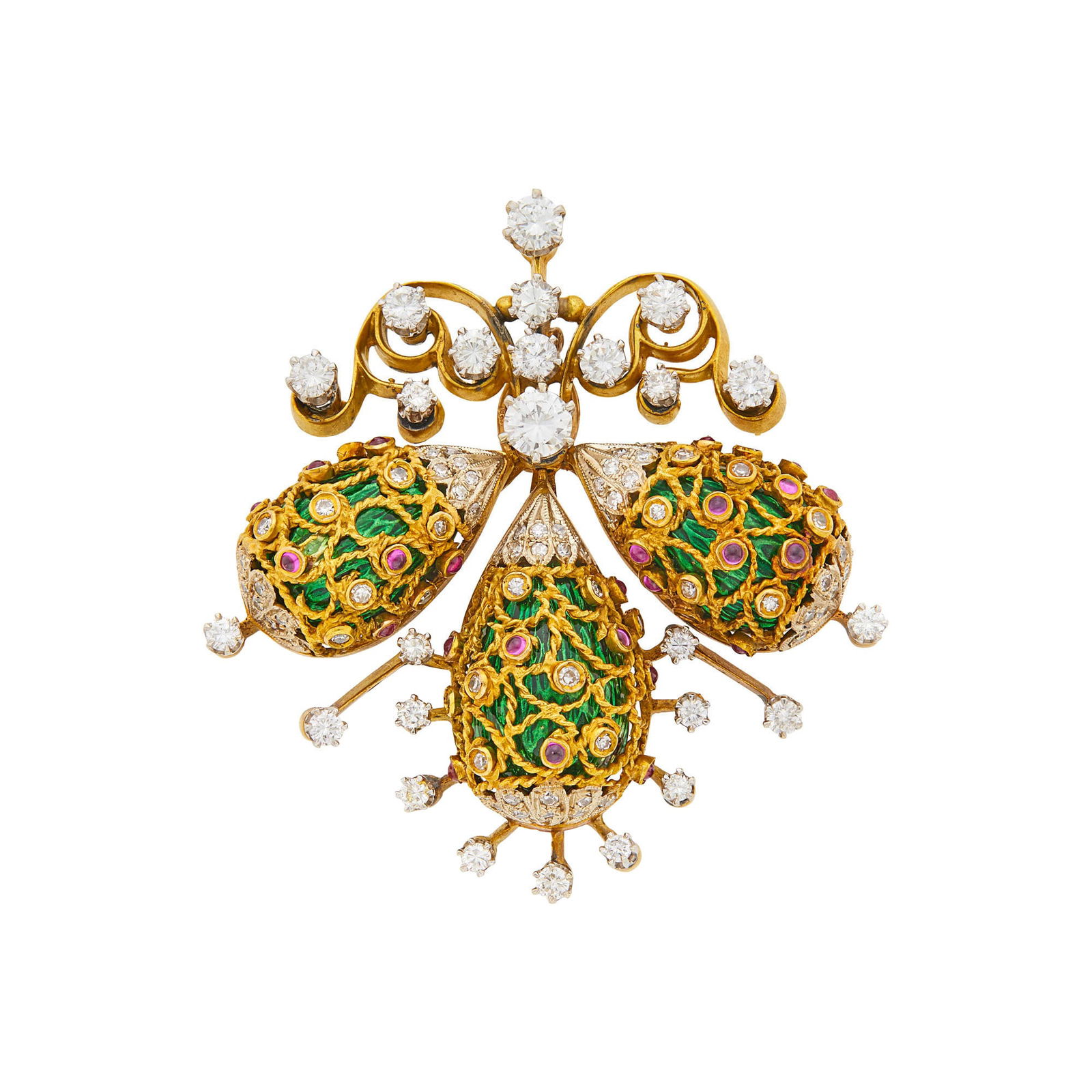 Two-Color Gold, Green Enamel, Diamond and Cabochon Ruby Pendant-Brooch (1 of 1)