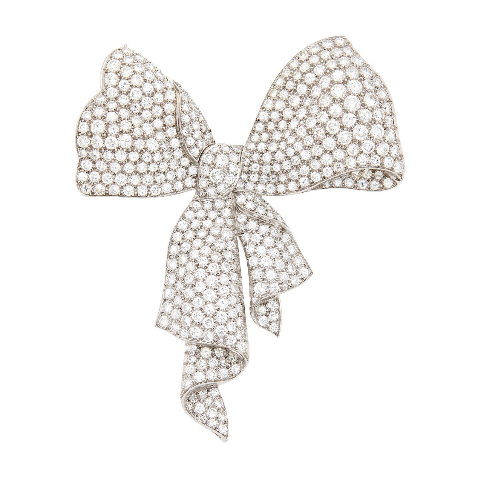 Platinum and Diamond Bow Brooch: Round and single-cut diamonds ap. 9.45 cts., ap. 16 dwts. Diamonds: G-H-I-VS, several SI. Well-made. 2 7/8 x 2 1/8 inches.