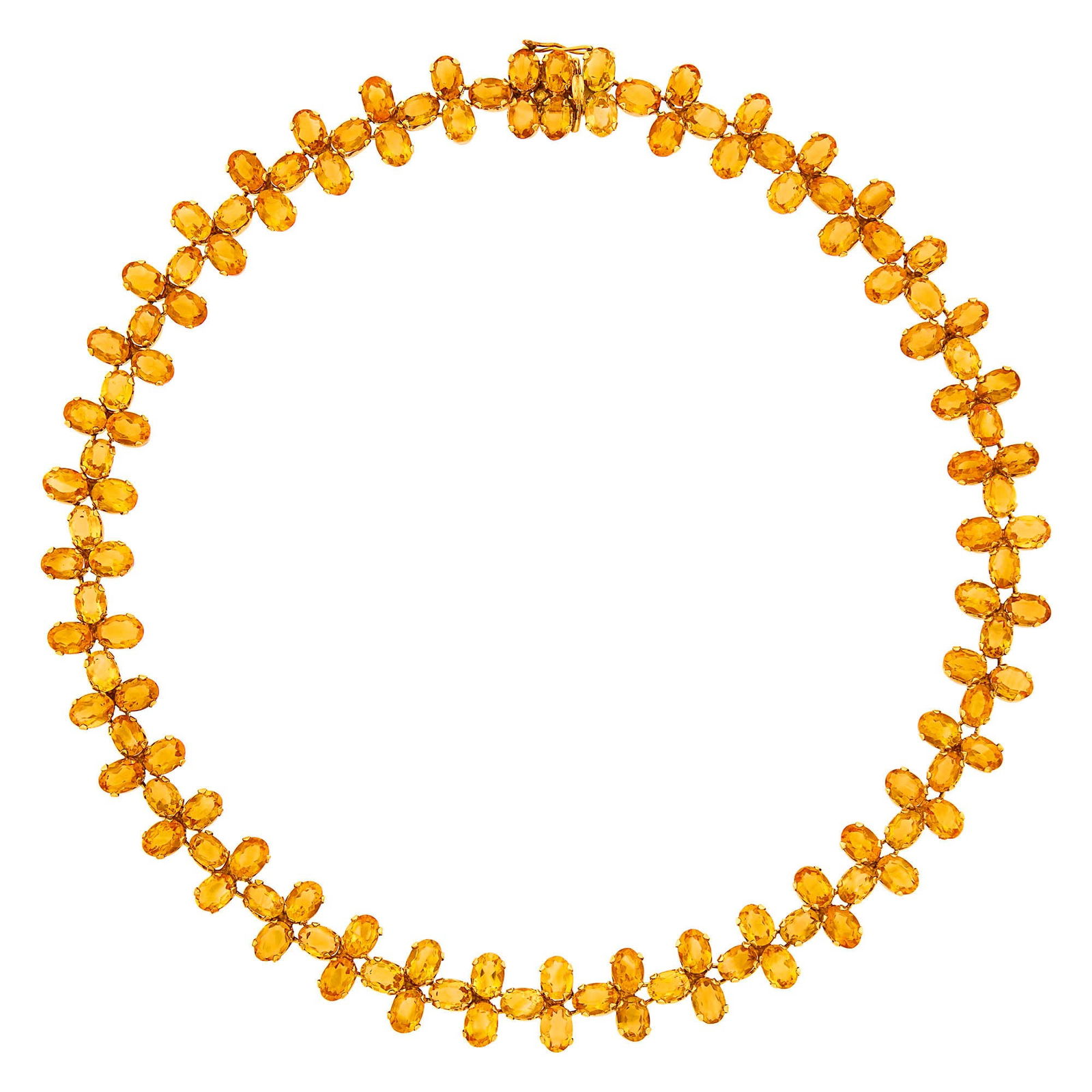H. Stern Gold and Citrine Necklace: 18 kt., 117 oval citrines ap. 58.50 cts., with maker's mark, ap. 36.6 dwts. gross. Length 16 1/4 inches. Citrines: bright medium slightly yellowish orange, cleanish, lively. Width 9/16 inch