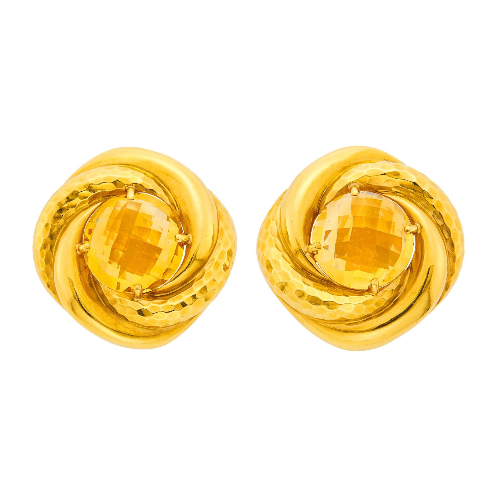Andrew Clunn Pair of Gold and Citrine Earclips: 18 kt., polished and hammered, 2 round domed rose-cut faceted citrines ap. 16.5 x 16.5 x 11.8 mm., signed A. Clunn, ap. 38 dwts. Citrines: medium yellowish orange, cleanish, minor zoning, transparent,