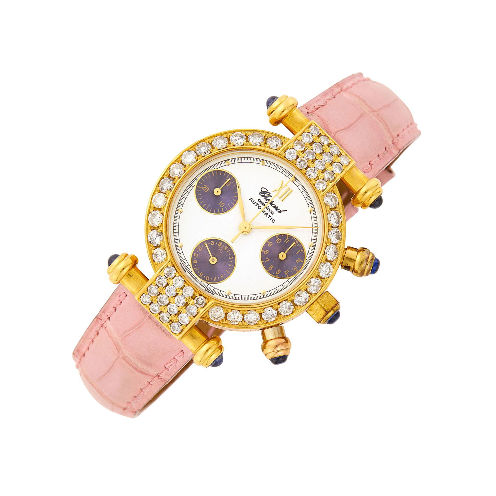 Chopard Gold, Diamond and Cabochon Blue Spinel 'Imperiale' Chronograph Wristwatch: 18 kt., automatic, round white dial, gold-tone dot markers, sweep seconds, three engine-turned black subsidiary dials, railroad track indicators, 56 round diamonds ap. 2.70 cts., 7 round cabochon blue