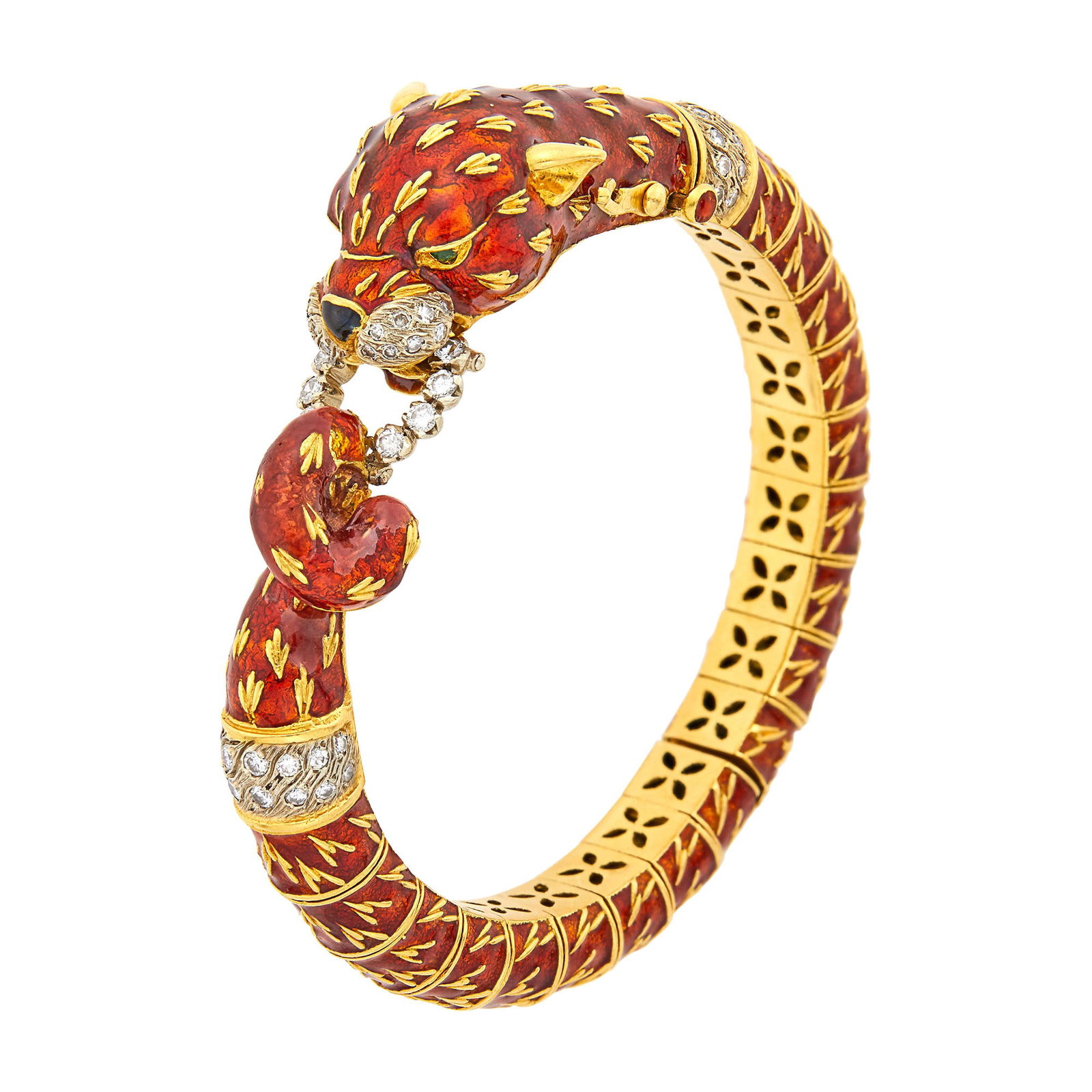 Frascarolo Gold, Red Enamel and Diamond Panther Head Bangle Bracelet (1 of 1)