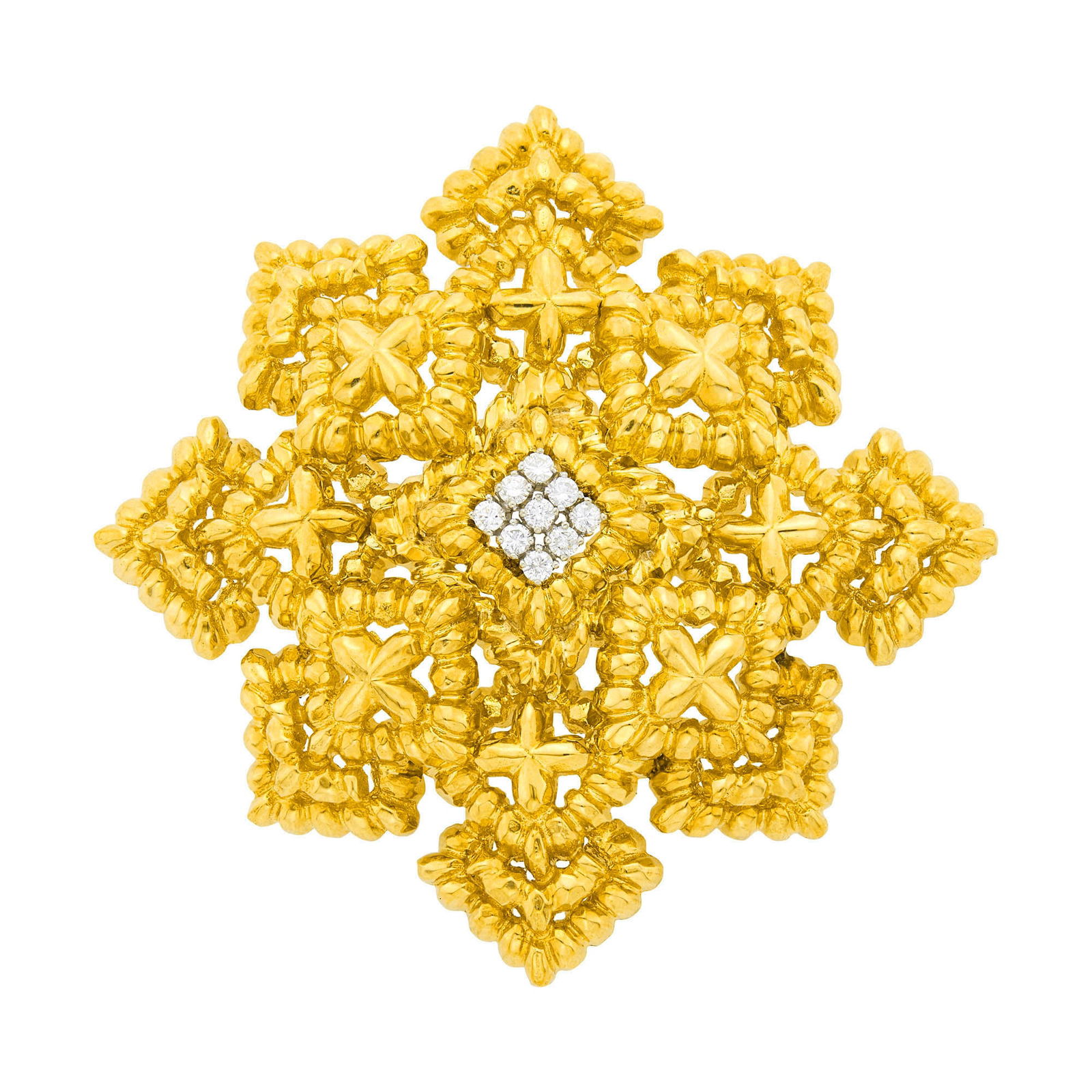 Gold and Diamond Maltese Cross Pendant-Brooch: 18 kt., 9 round diamonds ap. .55 ct., with maker's mark, ap. 50.2 dwts. Diamonds: G-H-I-VS-SI. Diameter 3 inches.