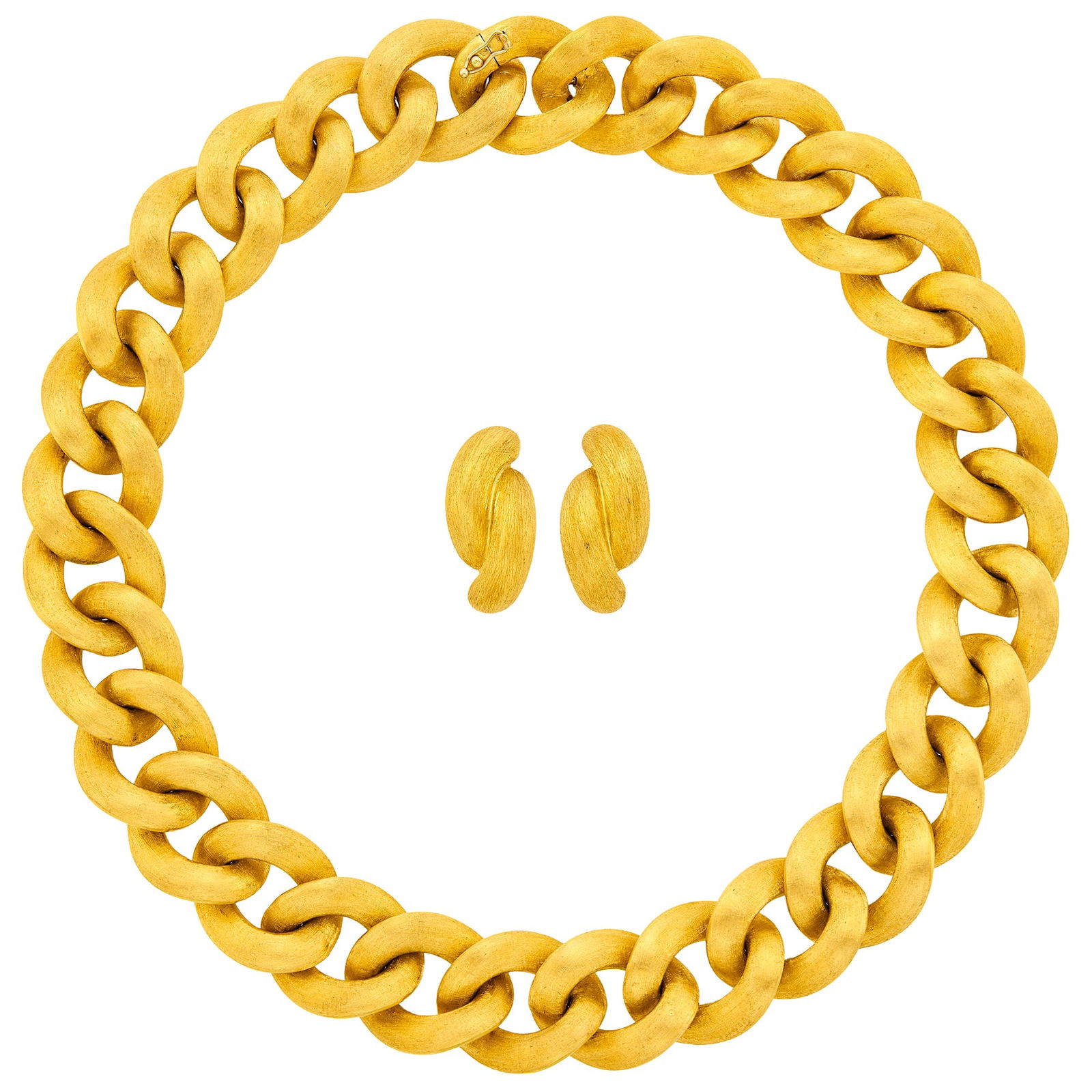 Reversible Gold Link Necklace and Pair of Earrings: 18 kt., reversible brushed and polished sides, ap. 145 dwts. Length 18 inches. Necklace width 7/8 inch. Posts and clip-backs. 1 3/16 x 1/2 inches.