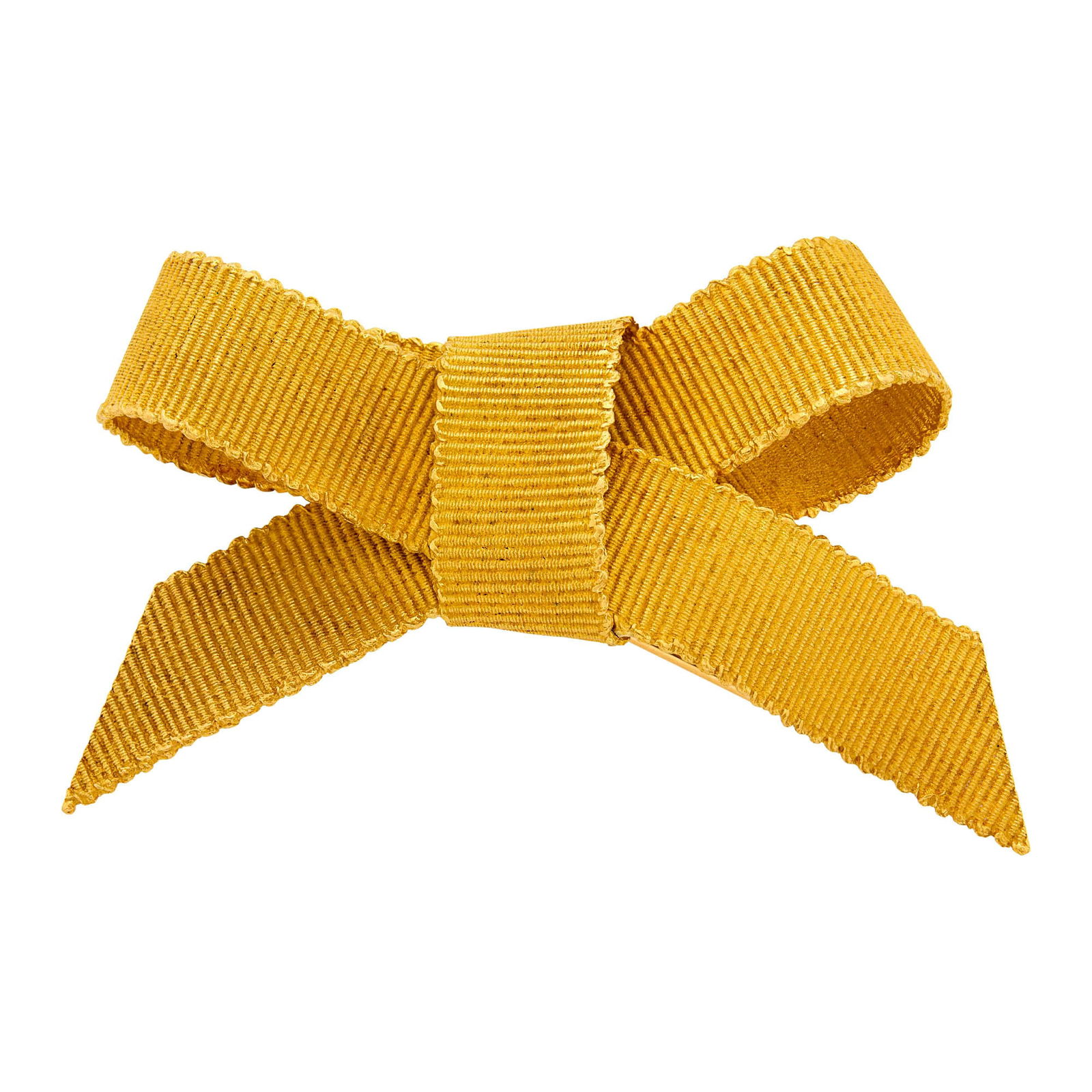 Bulgari Gold Mesh Bow Clip-Brooch: 18 kt., signed Bulgari, with maker's mark, slightly obscured, ap. 21.2 dwts. Rigid mesh ribbons. 2 11/16 x 1 1/2 inches.