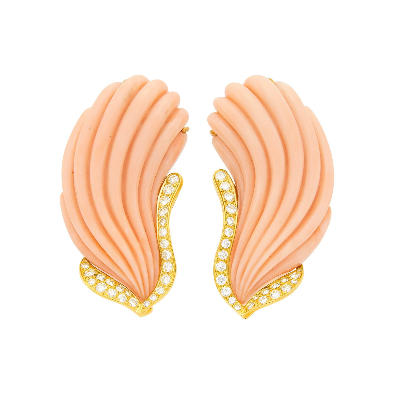 Pair of Gold, Fluted Angel Skin Coral and Diamond Clip-Brooches, France: 18 kt., two modified paisley-shaped fluted coral approximately 44.0 x 21.5 mm., 48 round diamonds approximately 1.50 cts., with French assay marks, ap. 26.8 dwts. gross. Coral: medium light slightly p