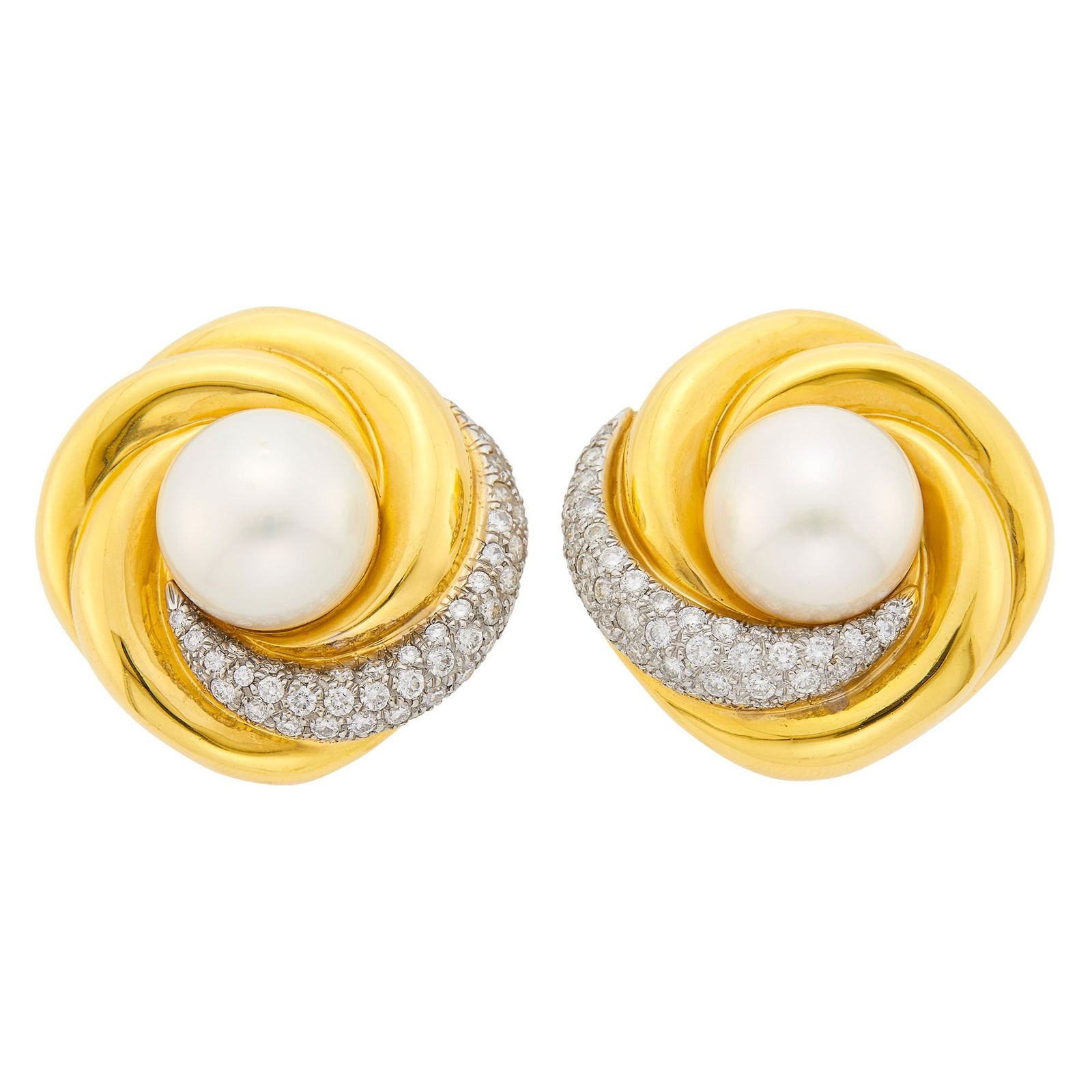 Andrew Clunn Pair of Two-Color Gold, South Sea Cultured Pearl and Diamond Swirl Earclips: 18 kt. yellow and white gold, 2 pearls ap. 15.4 and 15.6 mm., 100 round diamonds ap. 2.50 cts., signed A. Clunn, ap. 42.4 dwts. Pearls: white with rose and green orient, small dimple off-center, faint