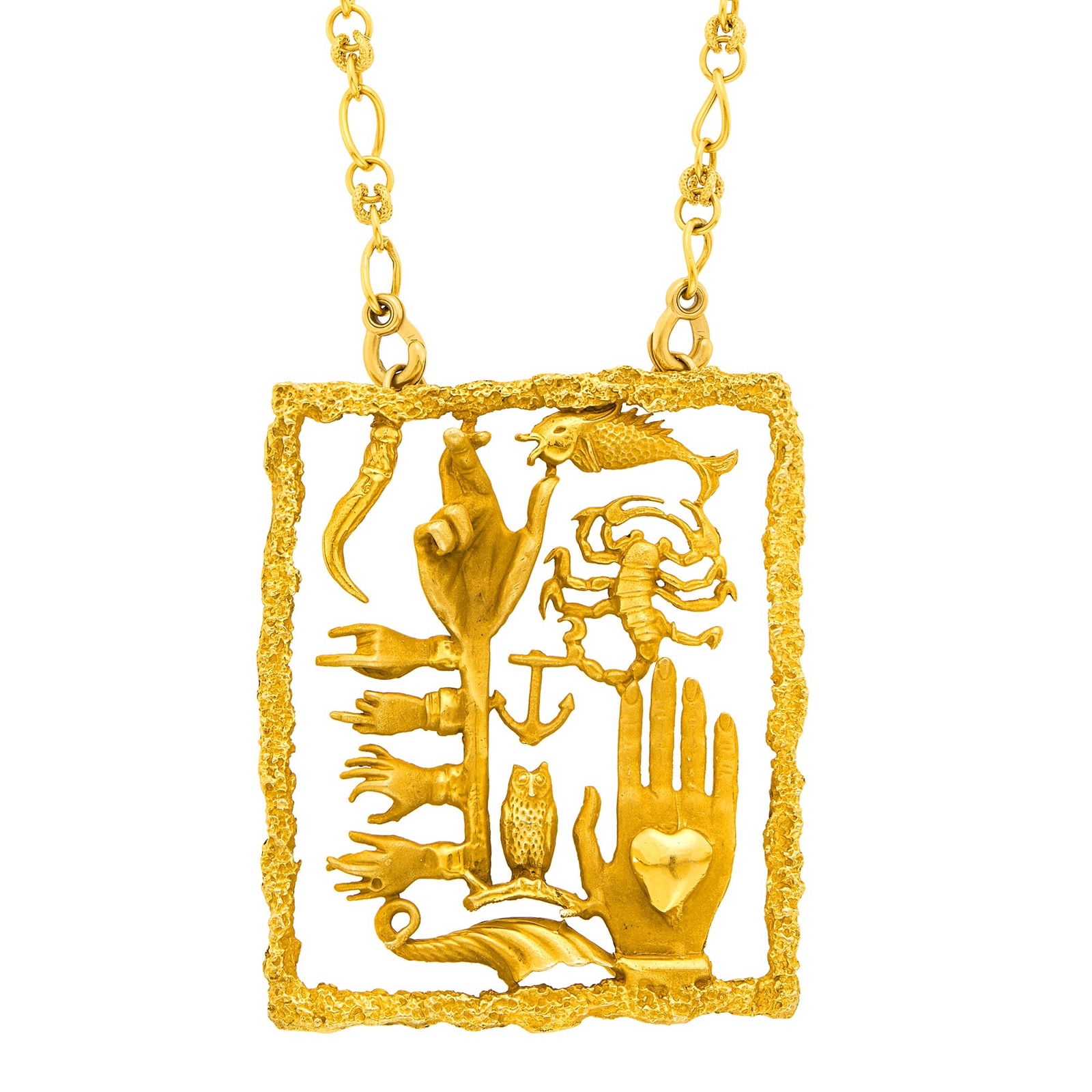 Eric de Kolb Gold Pendant-Necklace: 14 kt., symbolic elements, hand with a heart, scorpion, fish, owl, anchor and horn, pendant signed Eric de Kolb, ap. 63.3 dwts. Length 34 inches. Pendant: bright yellow gold. 3 1/8 x 2 9/16 inches. Ch
