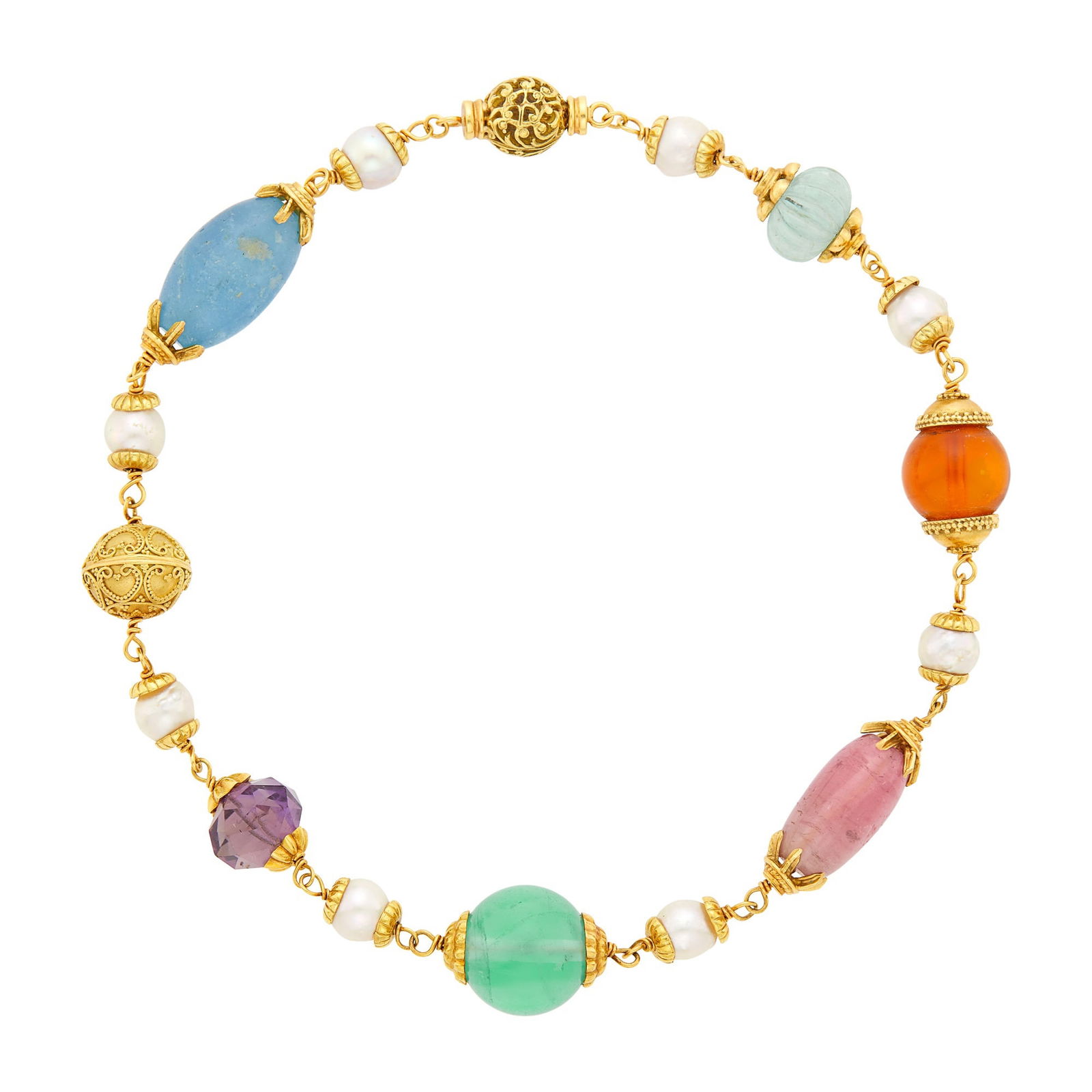 Seaman Schepps Gold, Colored Stone Bead and Semi-Baroque Cultured Pearl 'Baroque' Necklace: Six vari-shaped faceted and polished colored stone beads including amber, pink tourmaline, emerald, amethyst and 2 aquamarines, 8 semi-baroque pearls ap. 6.6 to 6.0 mm., unsigned, no. 1826. Length 16