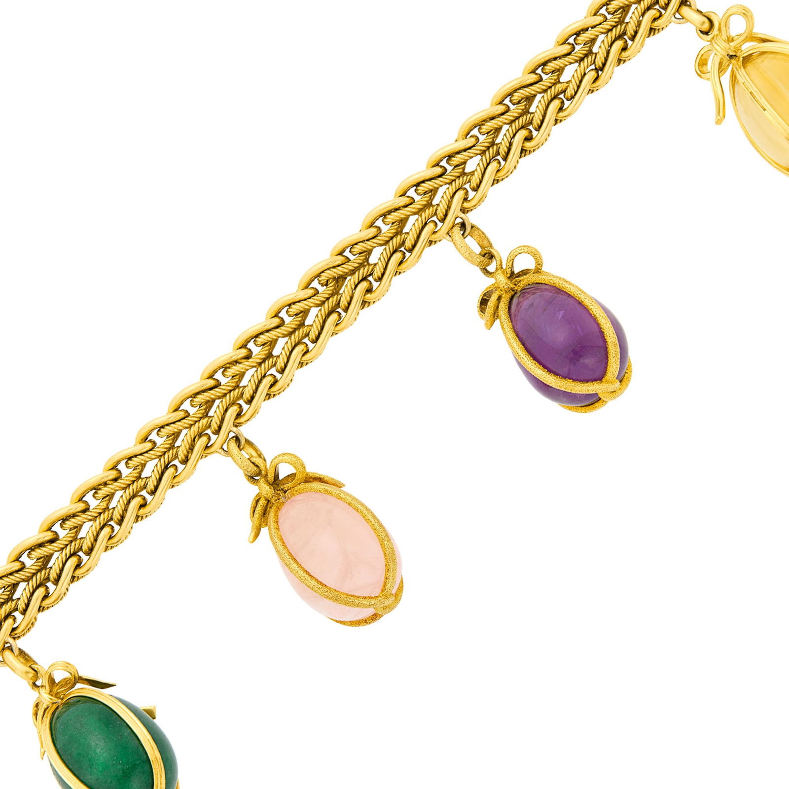 Tiffany & Co., Schlumberger Gold, Rose Quartz, Amethyst, Citrine and Aventurine Quartz Charm: 18 kt., four egg-shaped charms including citrine, amethyst, rose quartz and aventurine quartz, bracelet signed Tiffany & Co., France, slightly obscured, hang tag on one charm signed Tiffany &